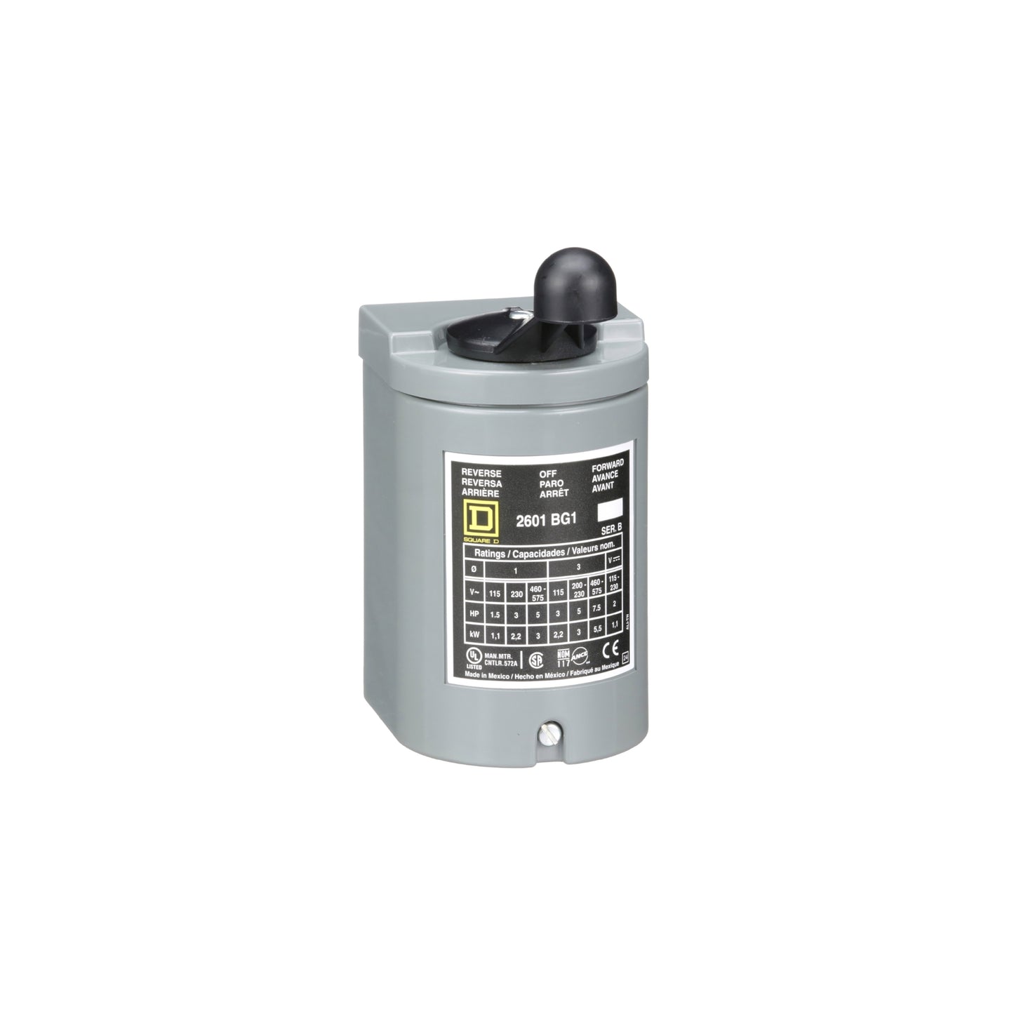 Interruptor de Tambor Reversible Monofásico de 5 HP a 575 VCA (1 Fase) o 7.5 HP a 575 VCA (3 Fases), Operado por Manija, Gabinete NEMA 1 Schneider Electric 2601BG1