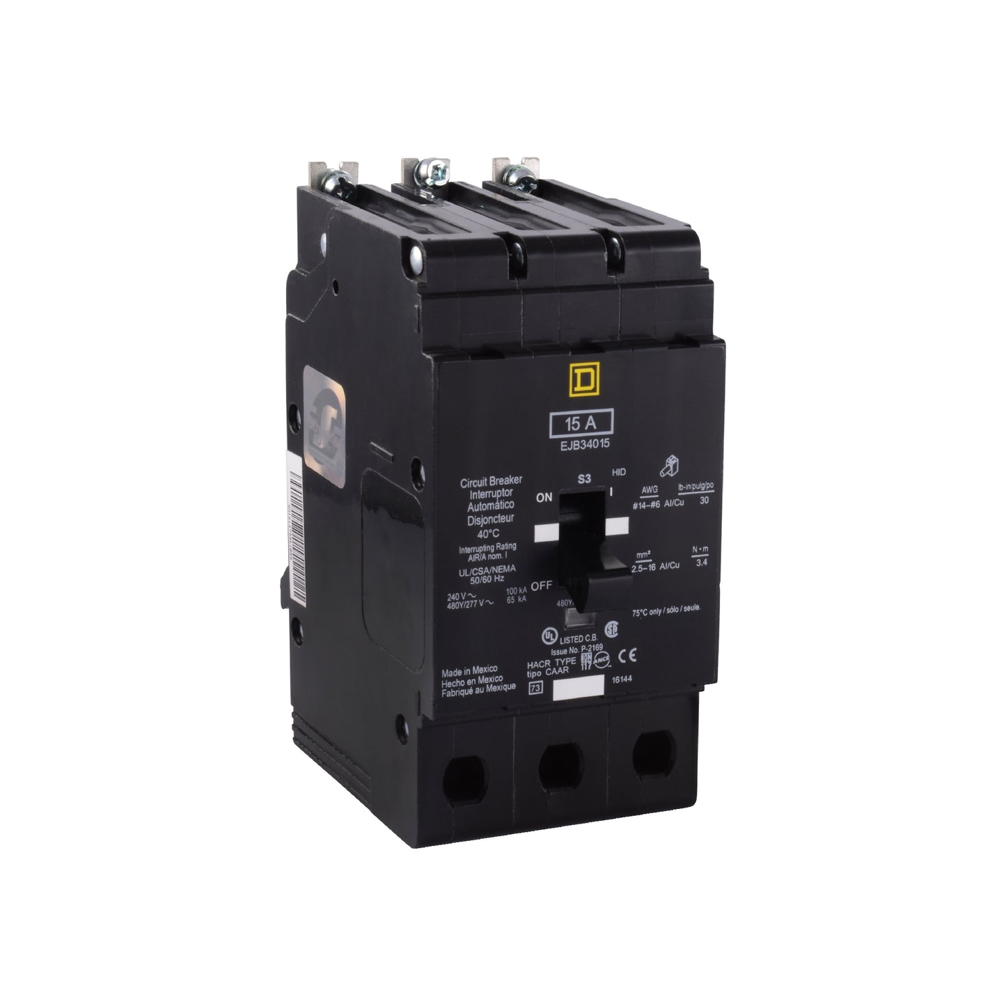 Interruptor Mini Atornillable Marco E Square D de 3 Polos, 20A, 480Y/277 VCA y 65/100 kA Schneider Electric EJB34020