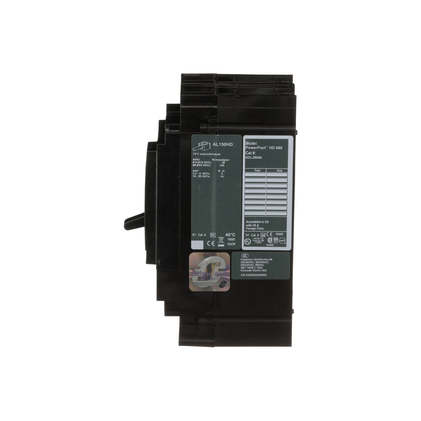 Interruptor termomagnético PowerPacT H, de 40A, 2 polos, 18kA a 600V, I-Line Schneider Electric HDL26040