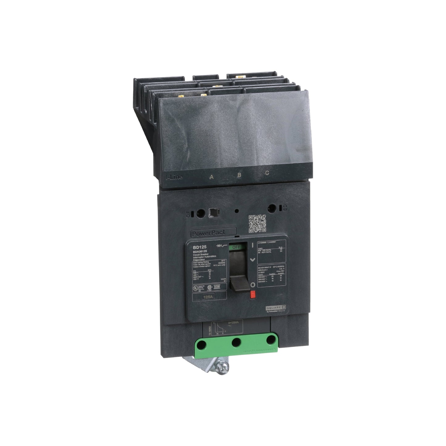 Interruptor Termomagnético Powerpact B, de 125A, 3 Polos, 600Y/347V, 14 kA, I-Line Schneider Electric BDA36125