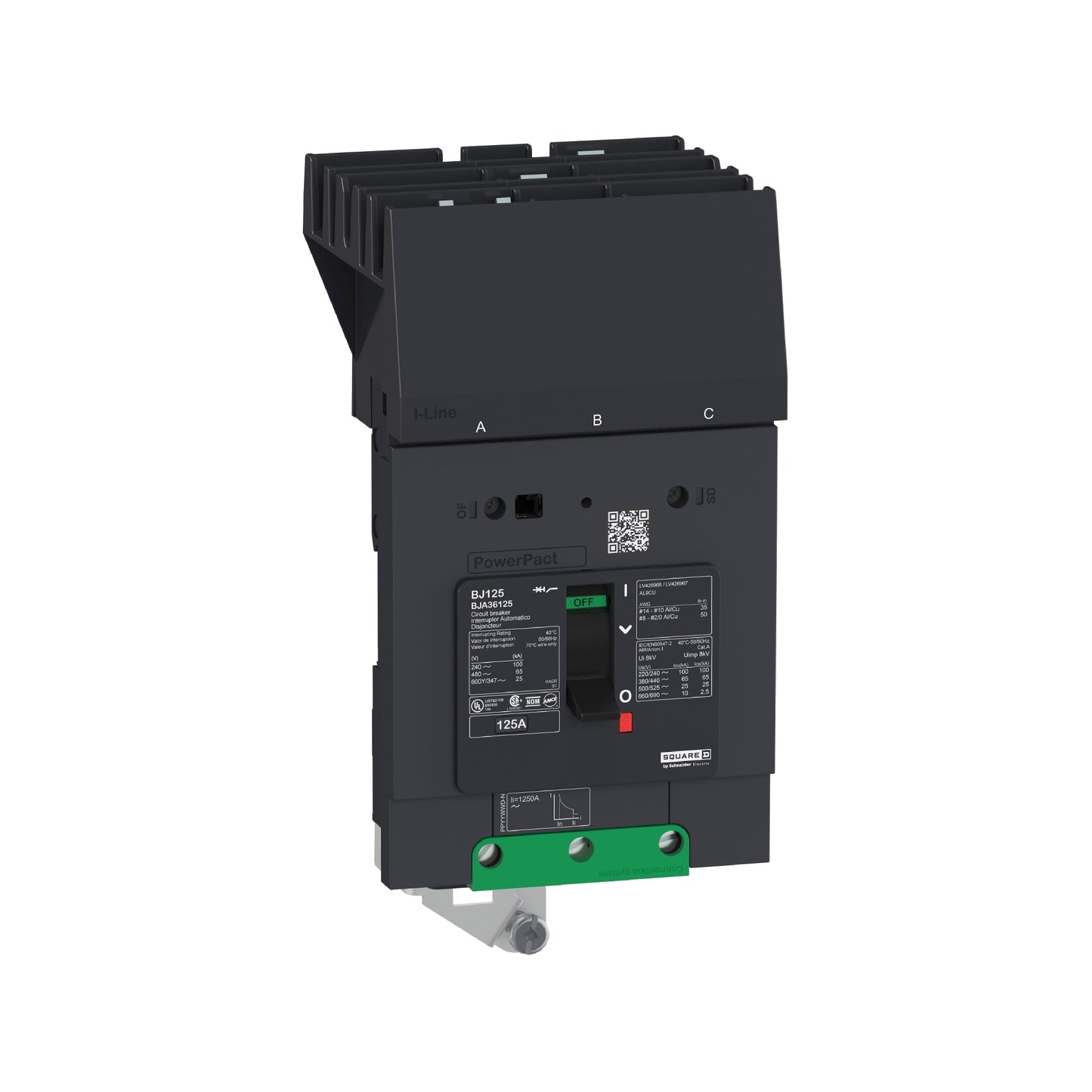Interruptor Termomagnético Powerpact B, de 125A, 3 Polos, 600Y/347V, 14 kA, I-Line Schneider Electric BDA36125