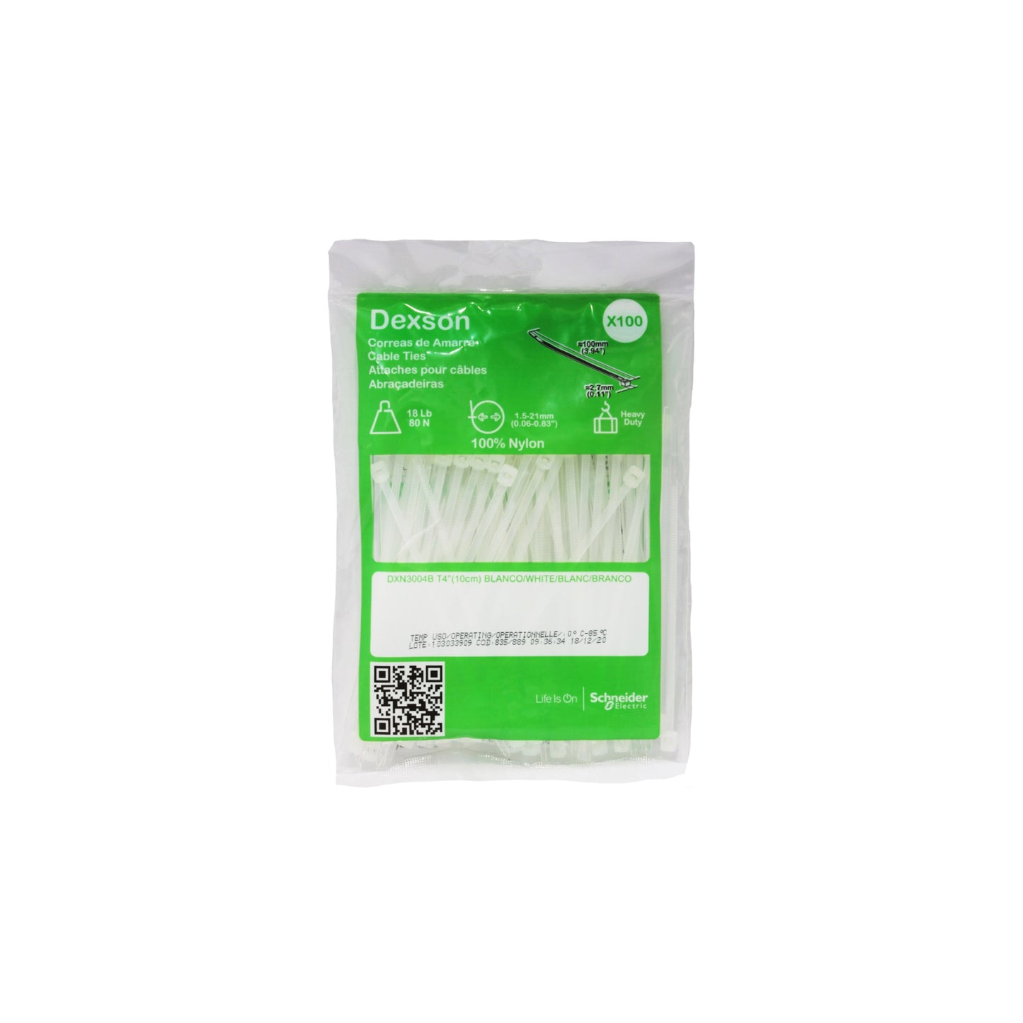 Cinchos Dexson de 10 cm x 2.5 mm color Blanco (100 pzs.) Dexson Schneider Electric DXN3004B
