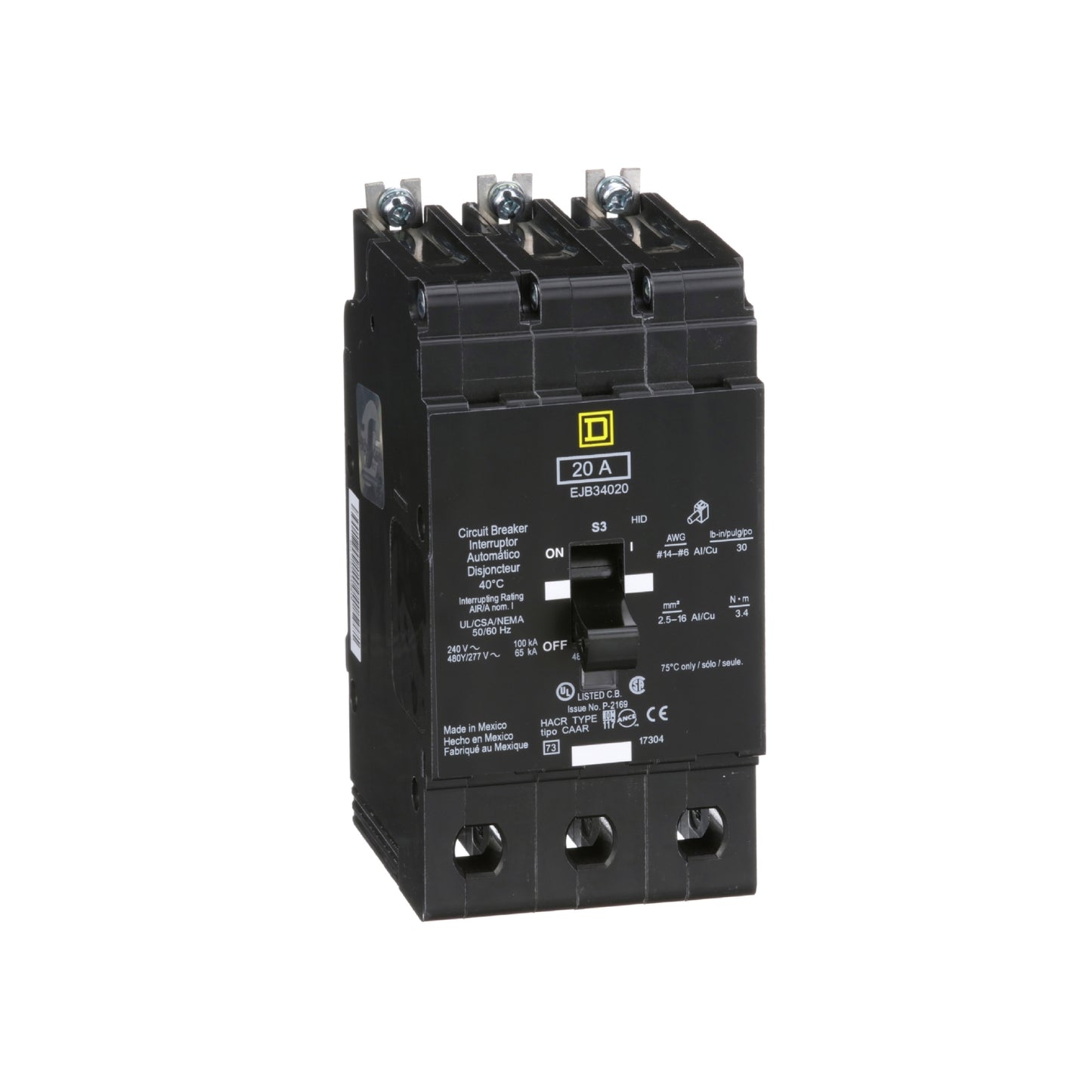 Interruptor Mini Atornillable Marco E Square D de 3 Polos, 20A, 480Y/277 VCA y 65/100 kA Schneider Electric EJB34020