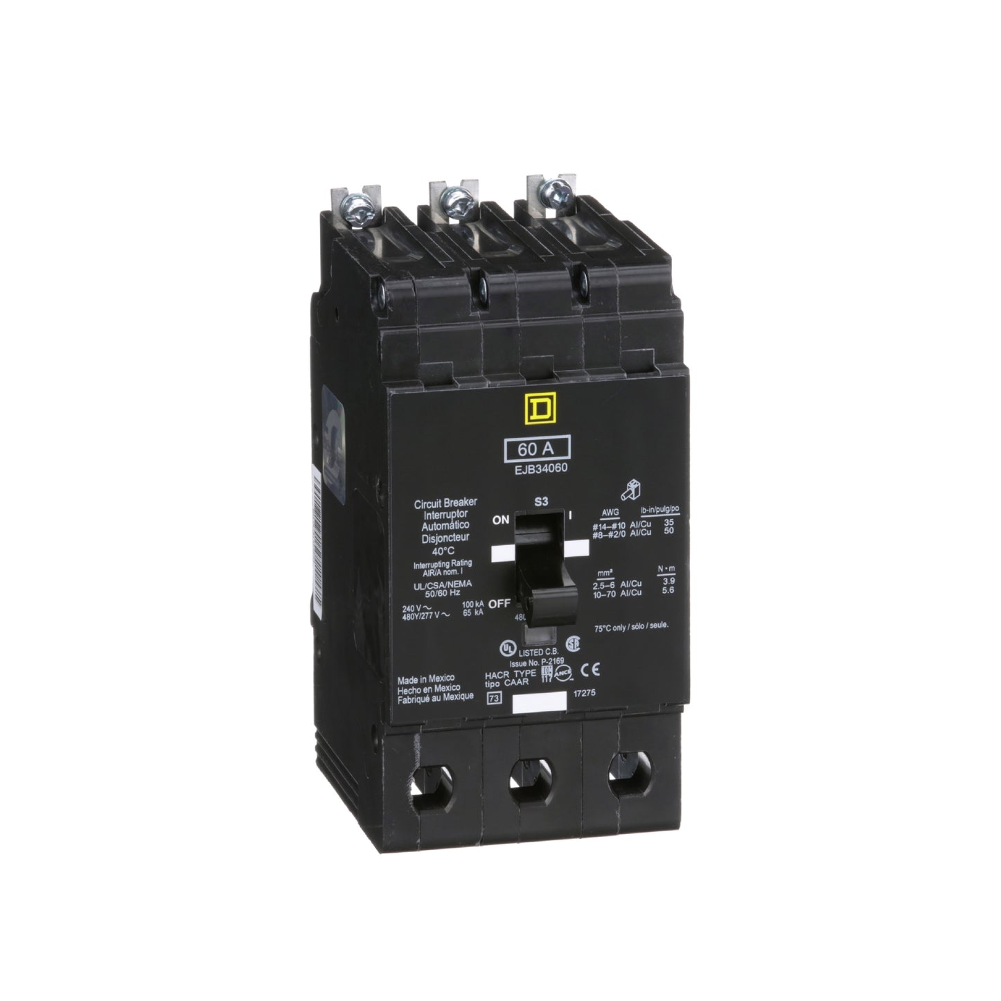 Interruptor Atornillable Marco E-3 P 60 A 480/277 VCA 65/100 kA Schneider Electric EJB34060