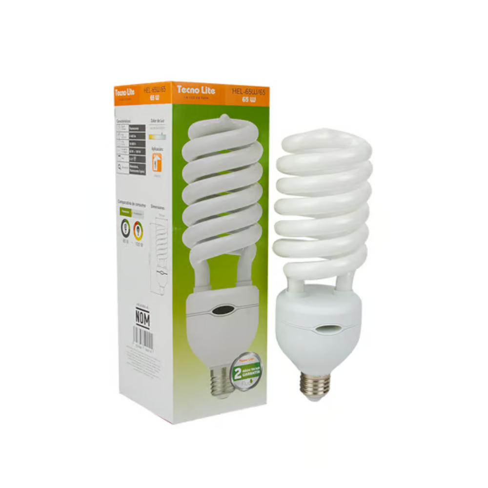 Foco Flourescente Espiral 65W Luz Fría Base E27 Cristal Tecnolite