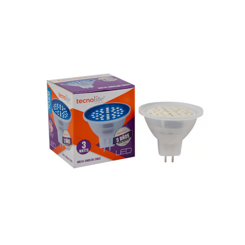 Foco LED MR16  3W Luz Azul Base GX5.3 Tecnolite