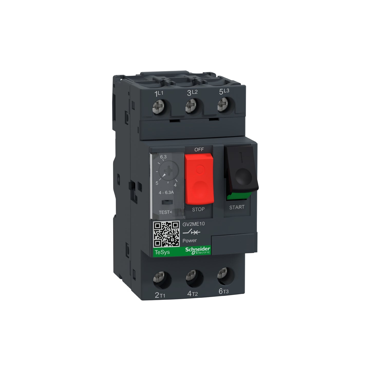 Interruptor de Motor Termomagnético GV2 Ajustable de 4A a 6.3A, 690 VCA, 3 Polos, 100 kA, Conexión por Tornillo Schneider Electric GV2ME10