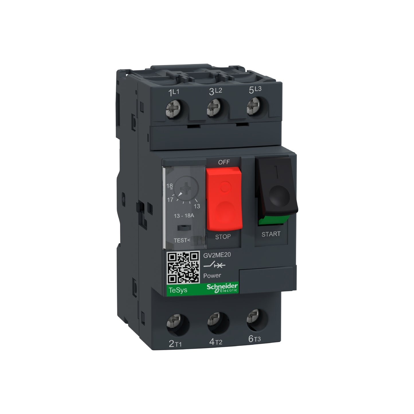 Interruptor de Motor Termomagnético GV2 Ajustable de 13A a 18A, 690 VCA, 3 Polos, 100 kA, Conexión por Tornillo Schneider Electric GV2ME20
