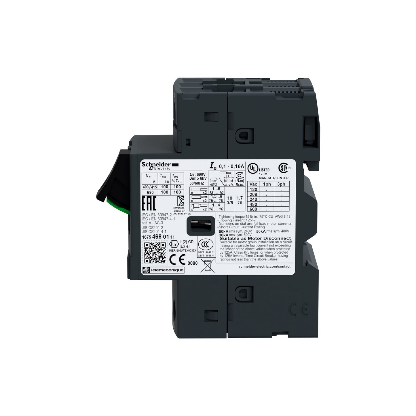 Interruptor de Motor Termomagnético GV2 Ajustable de 13A a 18A, 690 VCA, 3 Polos, 100 kA, Conexión por Tornillo Schneider Electric GV2ME20