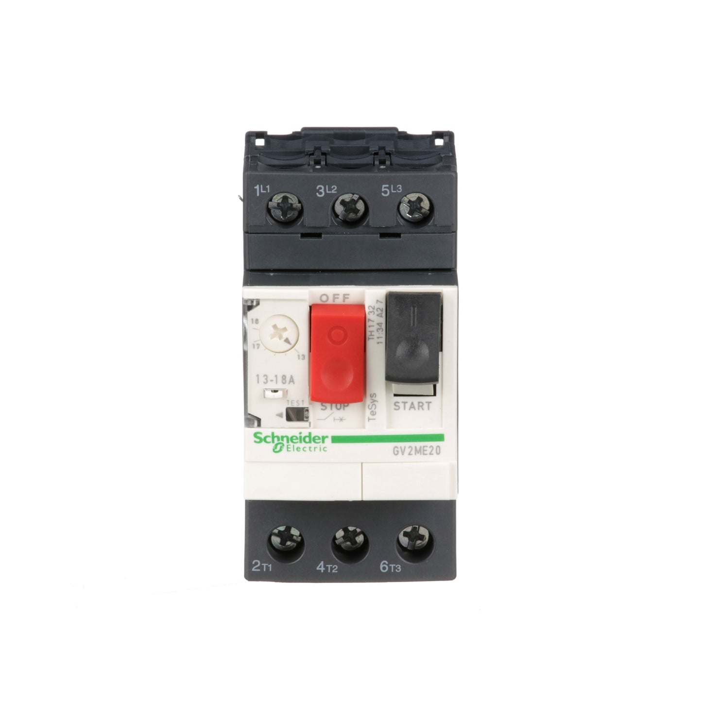 Interruptor de Motor Termomagnético GV2 Ajustable de 13A a 18A, 690 VCA, 3 Polos, 100 kA, Conexión por Tornillo Schneider Electric GV2ME20