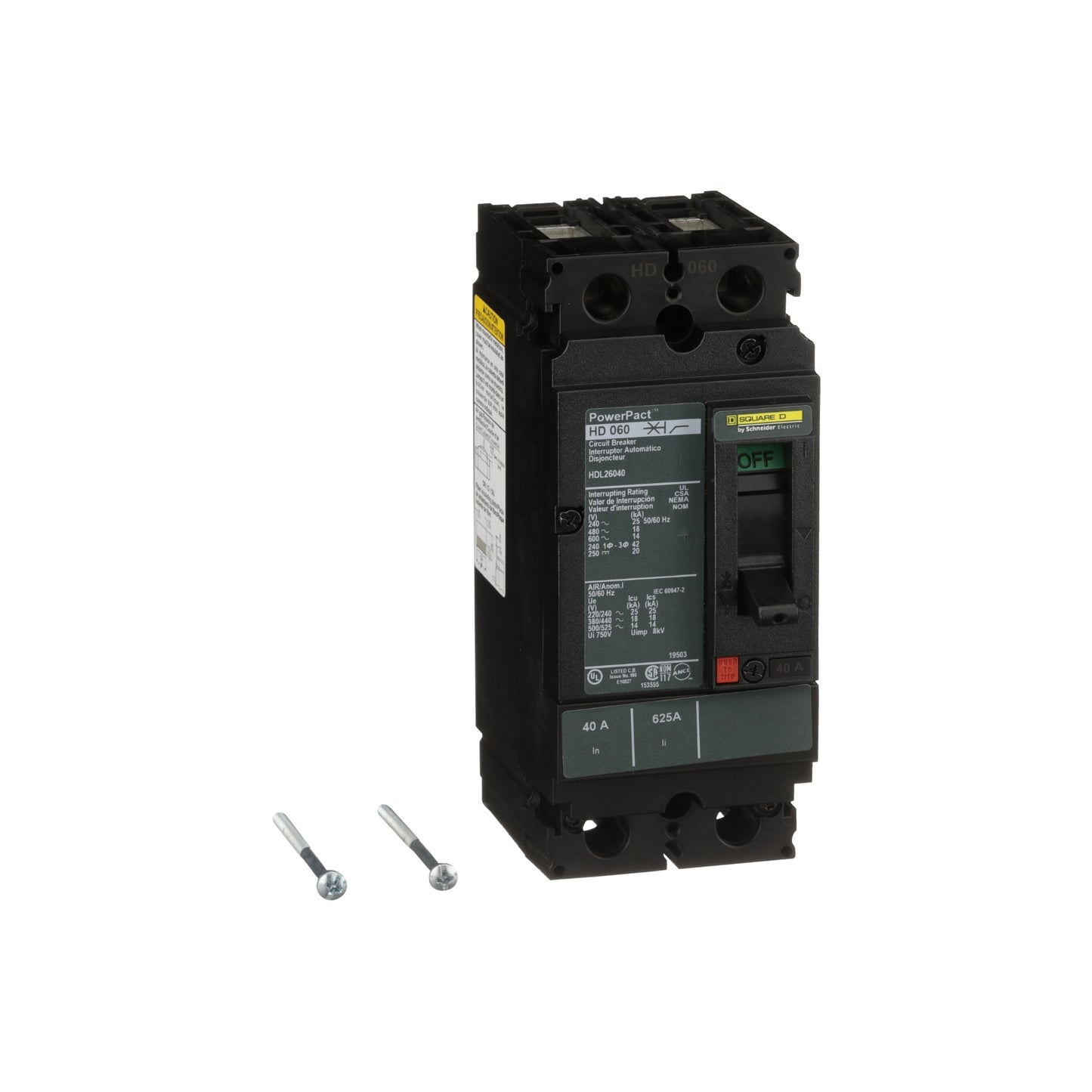 Interruptor termomagnético PowerPacT H, de 40A, 2 polos, 18kA a 600V, I-Line Schneider Electric HDL26040