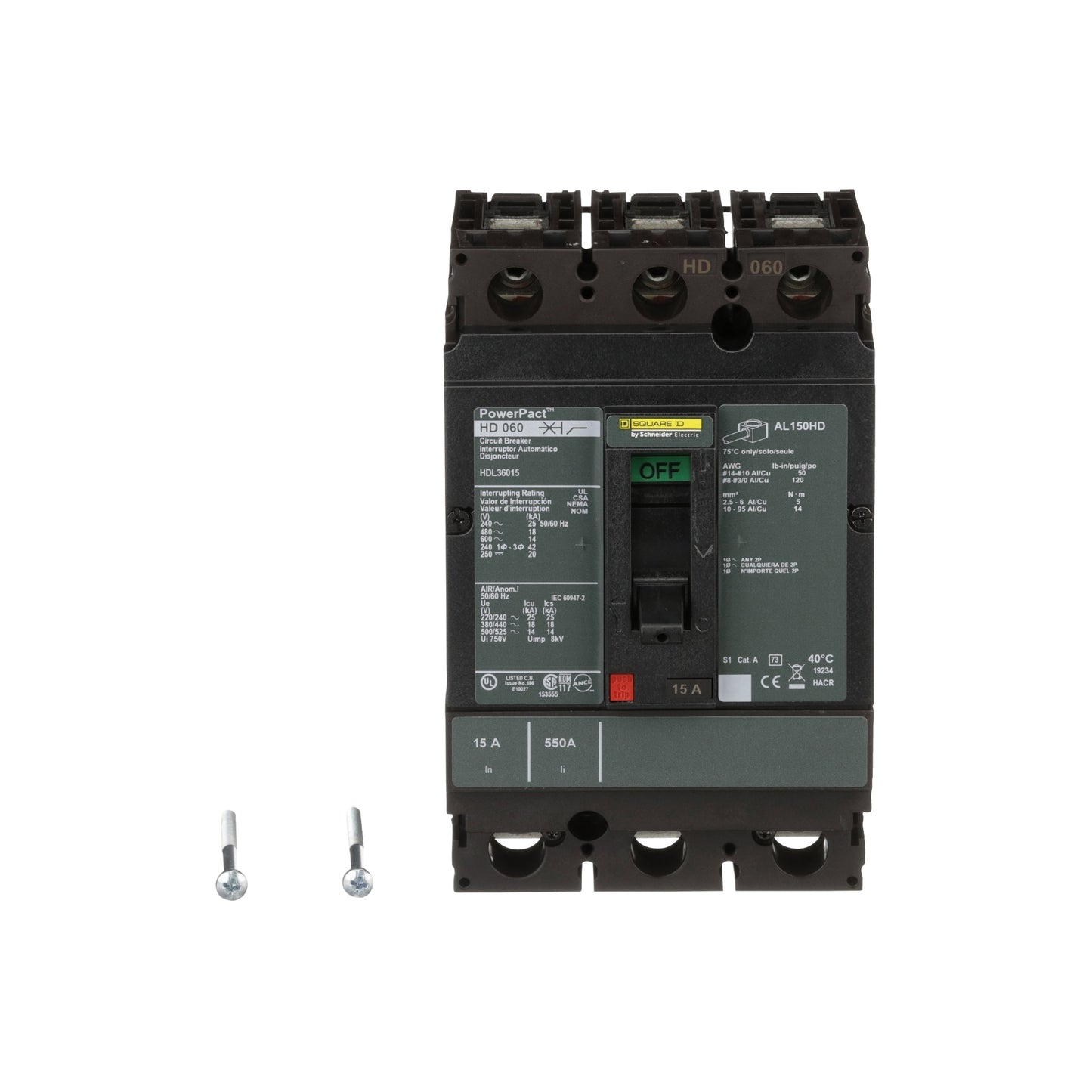 Interruptor termomagnético PowerPacT H, de 15A, 3 polos, 18kA a 600V, I-Line Schneider Electric HDL36015