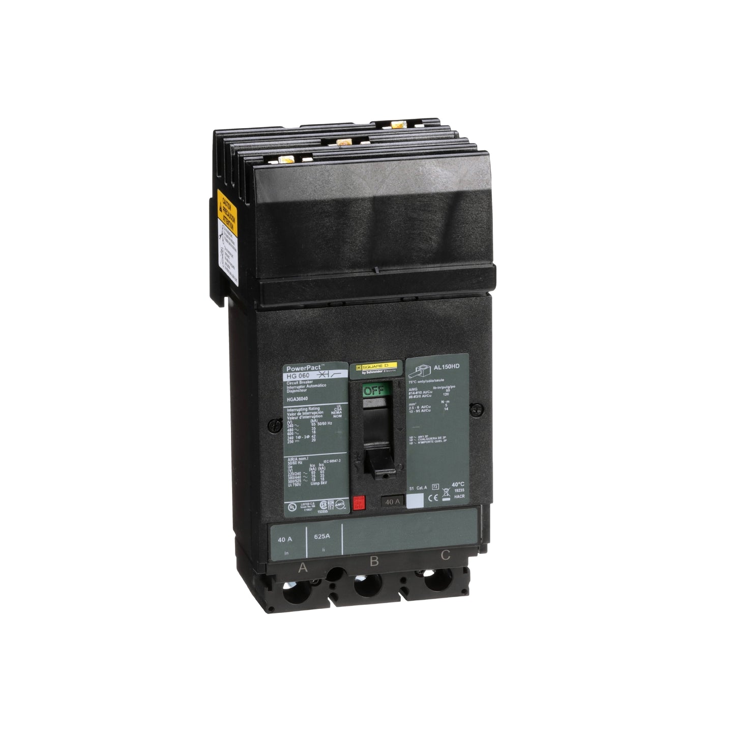 Interruptor termomagnético PowerPacT H, de 40A, 3 polos, 35kA a 600V, I-Line Schneider Electric HGA36040