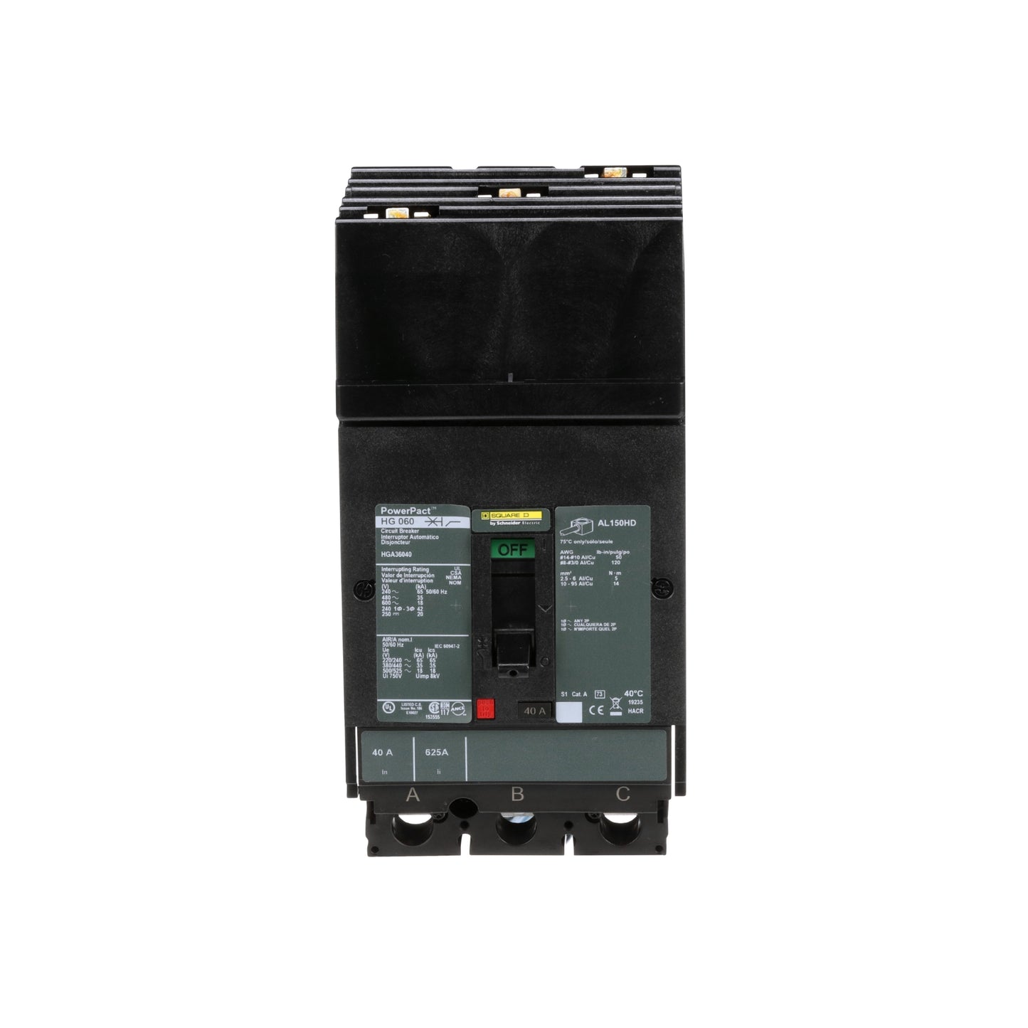 Interruptor termomagnético PowerPacT H, de 40A, 3 polos, 35kA a 600V, I-Line Schneider Electric HGA36040