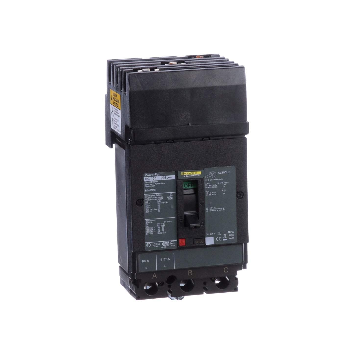Interruptor termomagnético PowerPacT H, de 90A, 3 polos, 35kA a 600V, I-Line Schneider Electric HGA36090