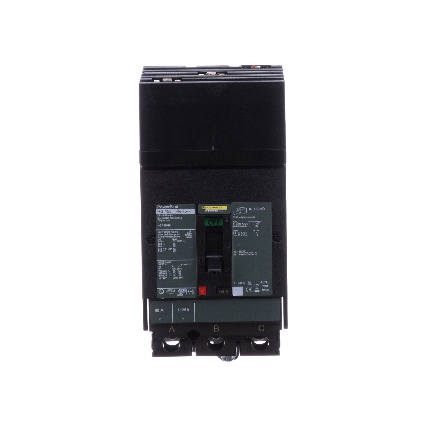 Interruptor termomagnético PowerPacT H, de 90A, 3 polos, 35kA a 600V, I-Line Schneider Electric HGA36090