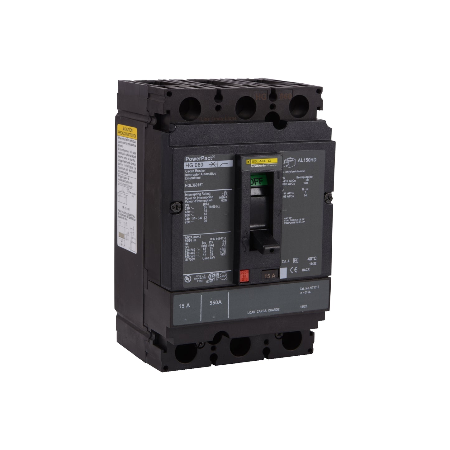 Interruptor termomagnético PowerPacT H, de 70A, 3 polos, 18kA a 600V, I-Line Schneider Electric HGL36070