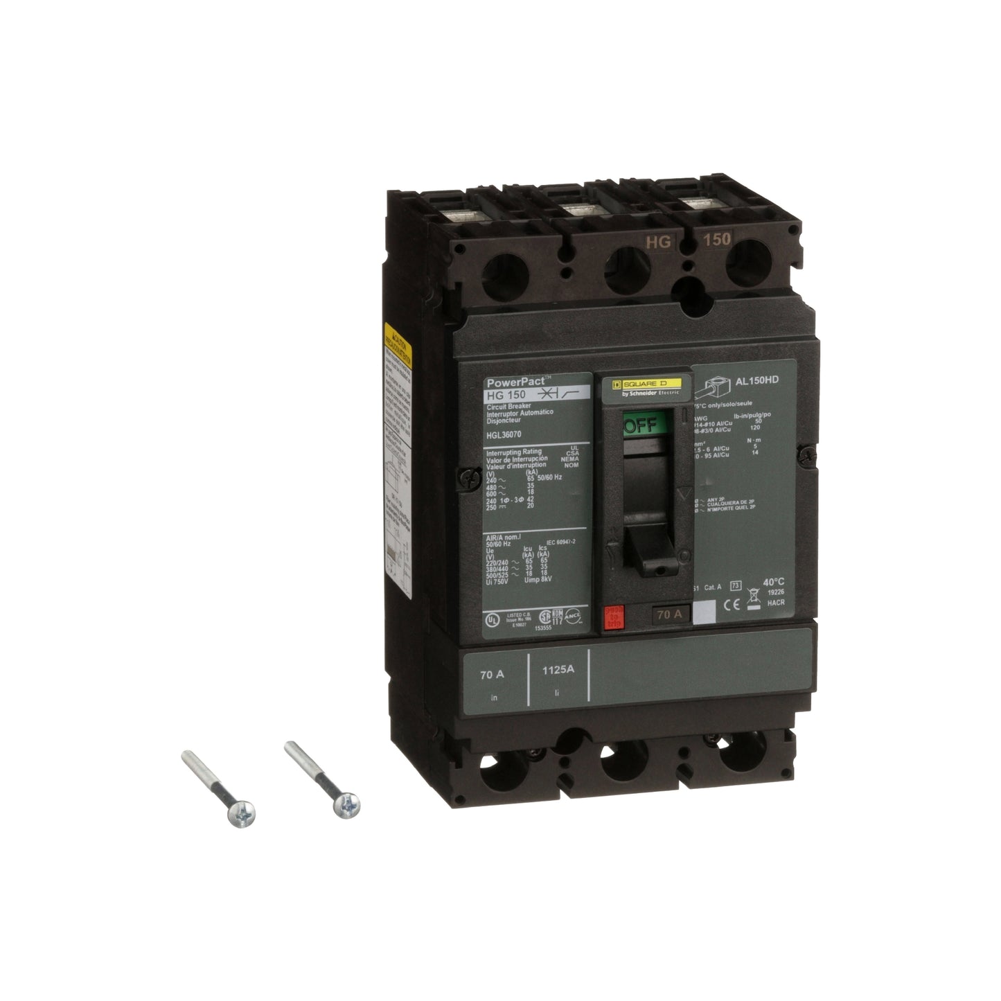 Interruptor termomagnético PowerPacT H, de 70A, 3 polos, 18kA a 600V, I-Line Schneider Electric HGL36070