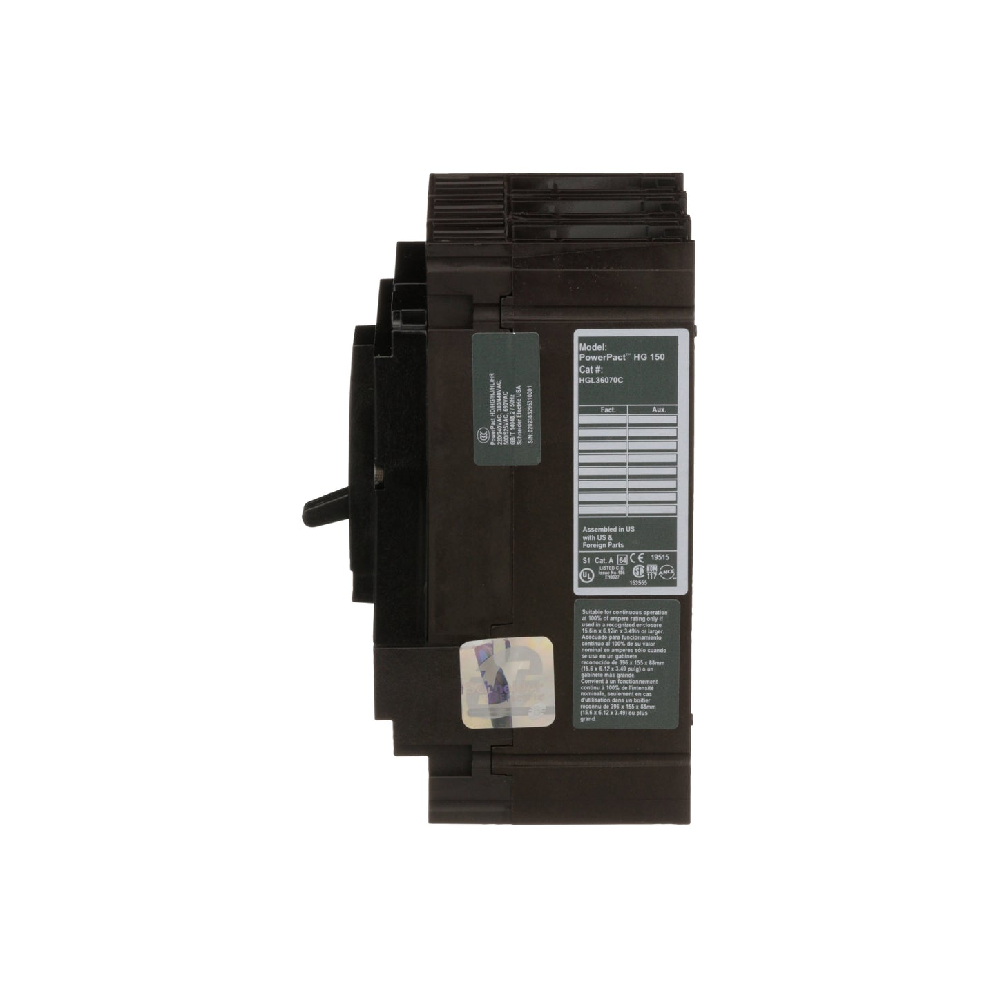 Interruptor termomagnético PowerPacT H, de 70A, 3 polos, 18kA a 600V, I-Line Schneider Electric HGL36070