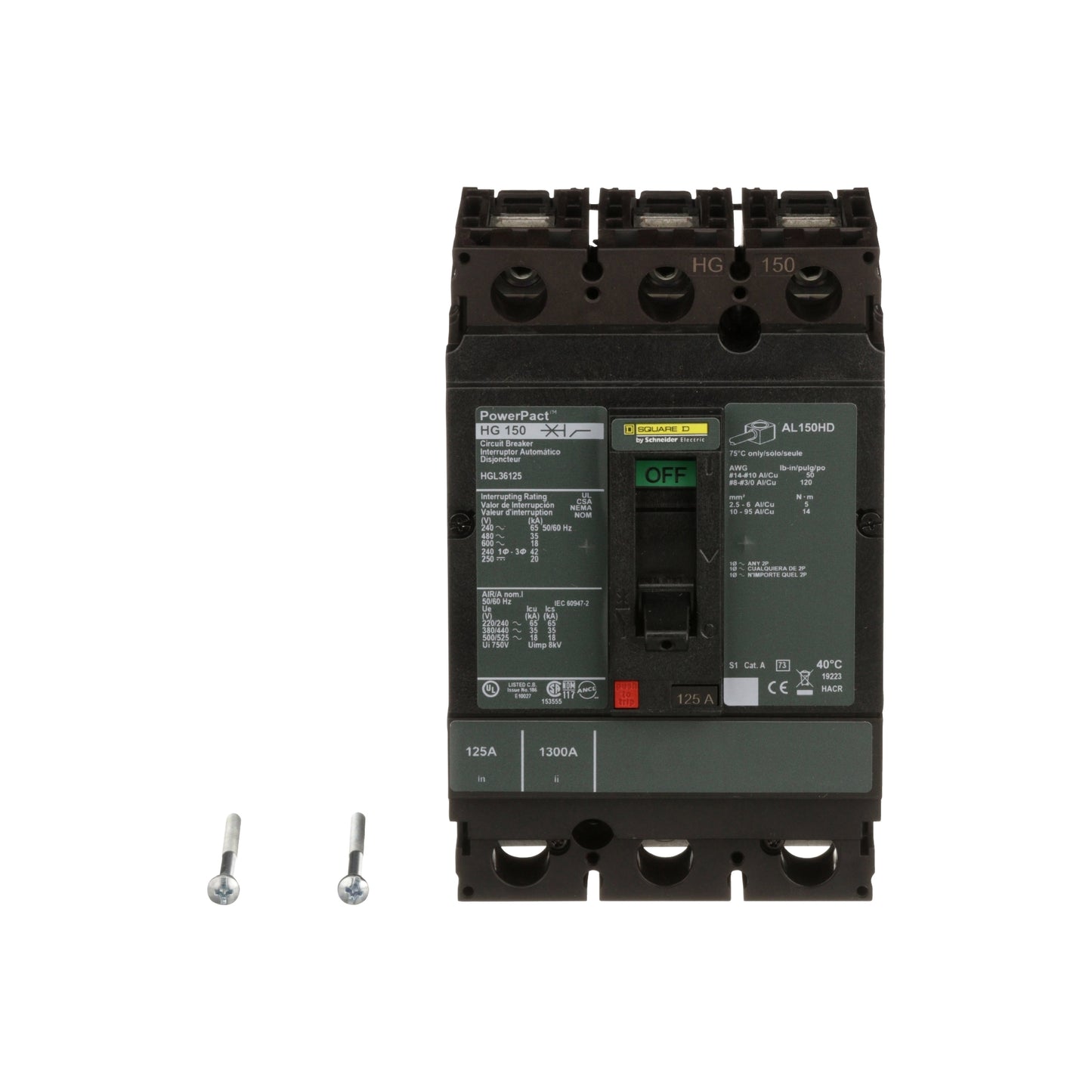 Interruptor termomagnético PowerPacT H, de 125A, 3 polos, 35kA a 600V, I-Line Schneider Electric HGL36125