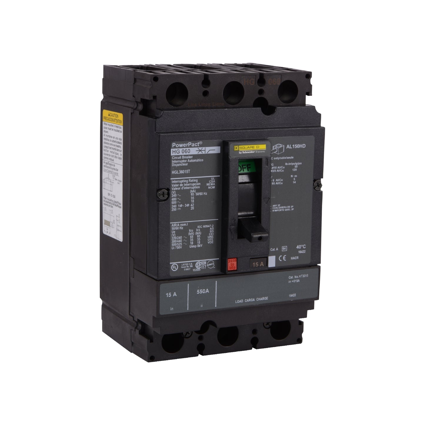 Interruptor termomagnético PowerPacT H, de 150A, 3 polos, 35kA a 600V, I-Line Schneider Electric HGL36150
