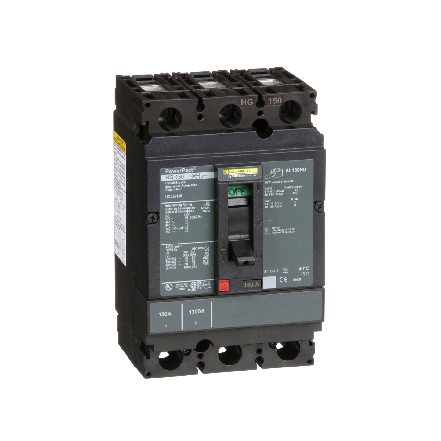 Interruptor termomagnético PowerPacT H, de 150A, 3 polos, 35kA a 600V, I-Line Schneider Electric HGL36150