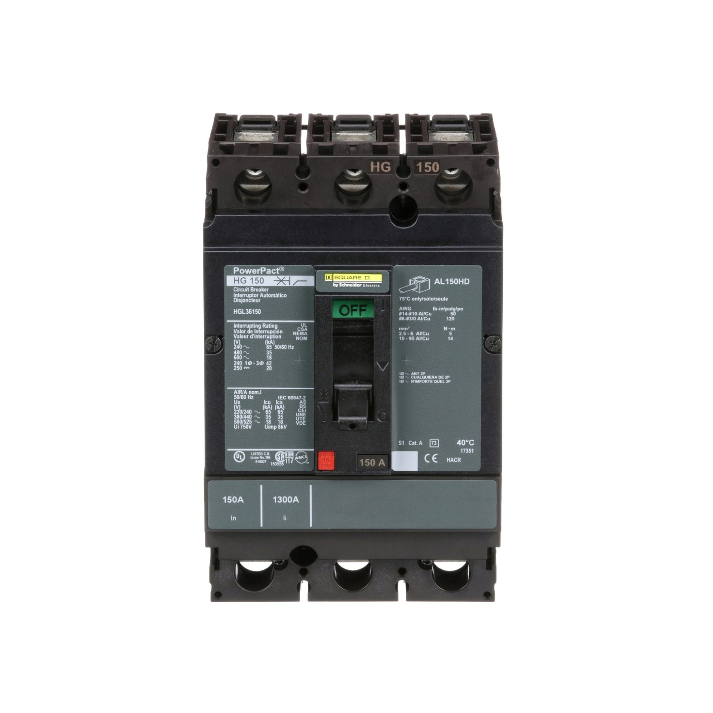Interruptor termomagnético PowerPacT H, de 150A, 3 polos, 35kA a 600V, I-Line Schneider Electric HGL36150