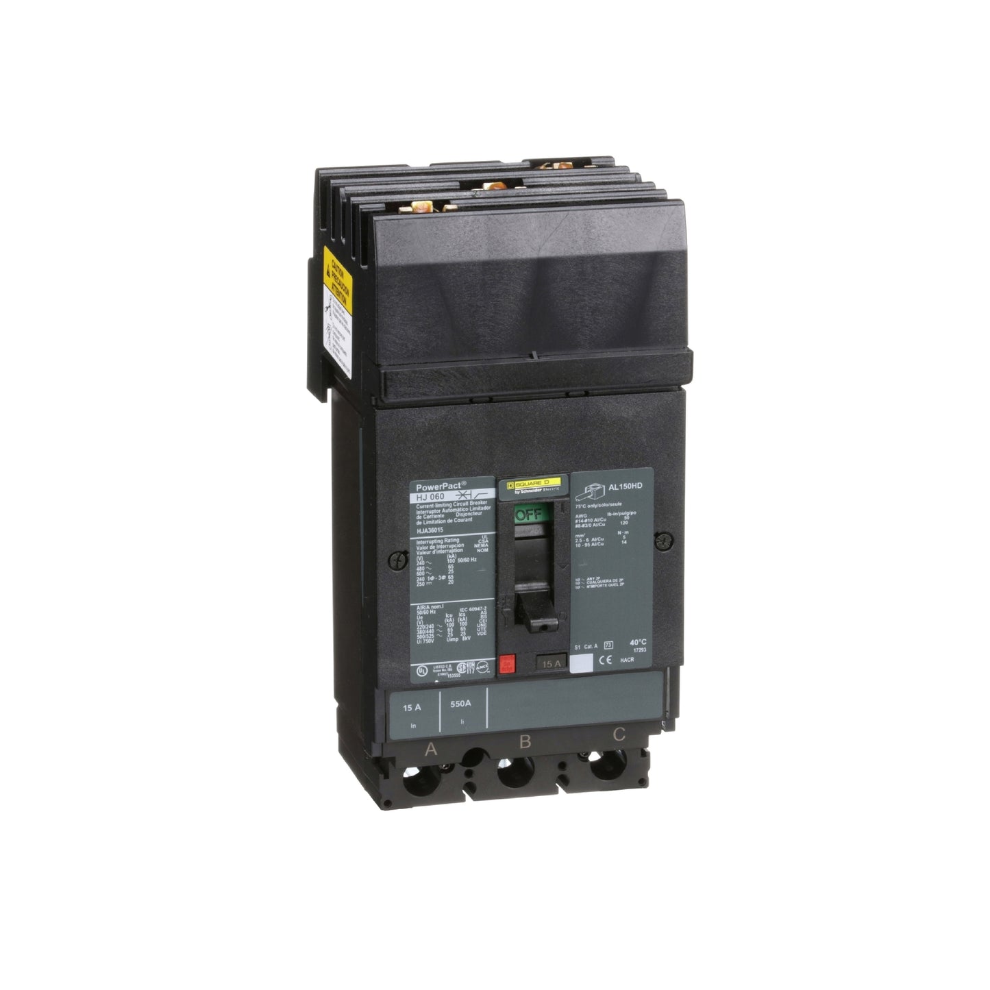 Interruptor termomagnético PowerPacT H, de 15A, 3 polos, 25kA a 600V, I-Line Schneider Electric HJA36015