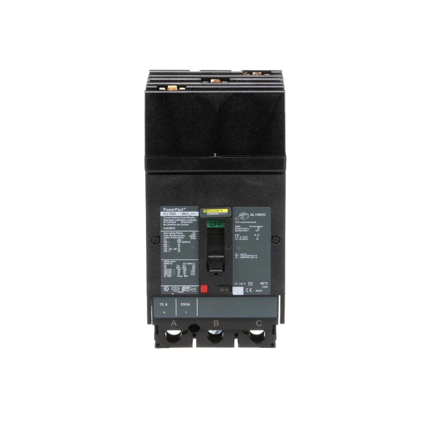 Interruptor termomagnético PowerPacT H, de 15A, 3 polos, 25kA a 600V, I-Line Schneider Electric HJA36015