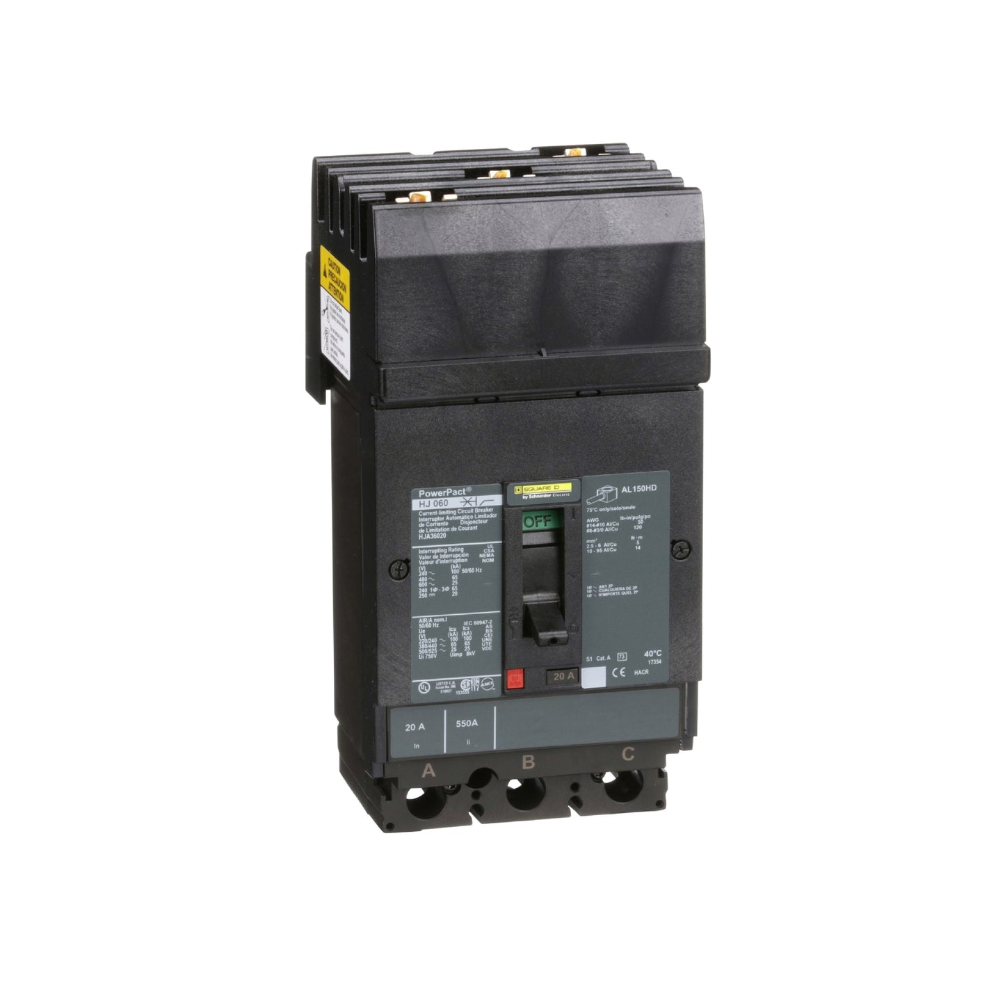 Interruptor termomagnético PowerPacT H, de 20A, 3 polos, 25kA a 600V, I-Line Schneider Electric HJA36020