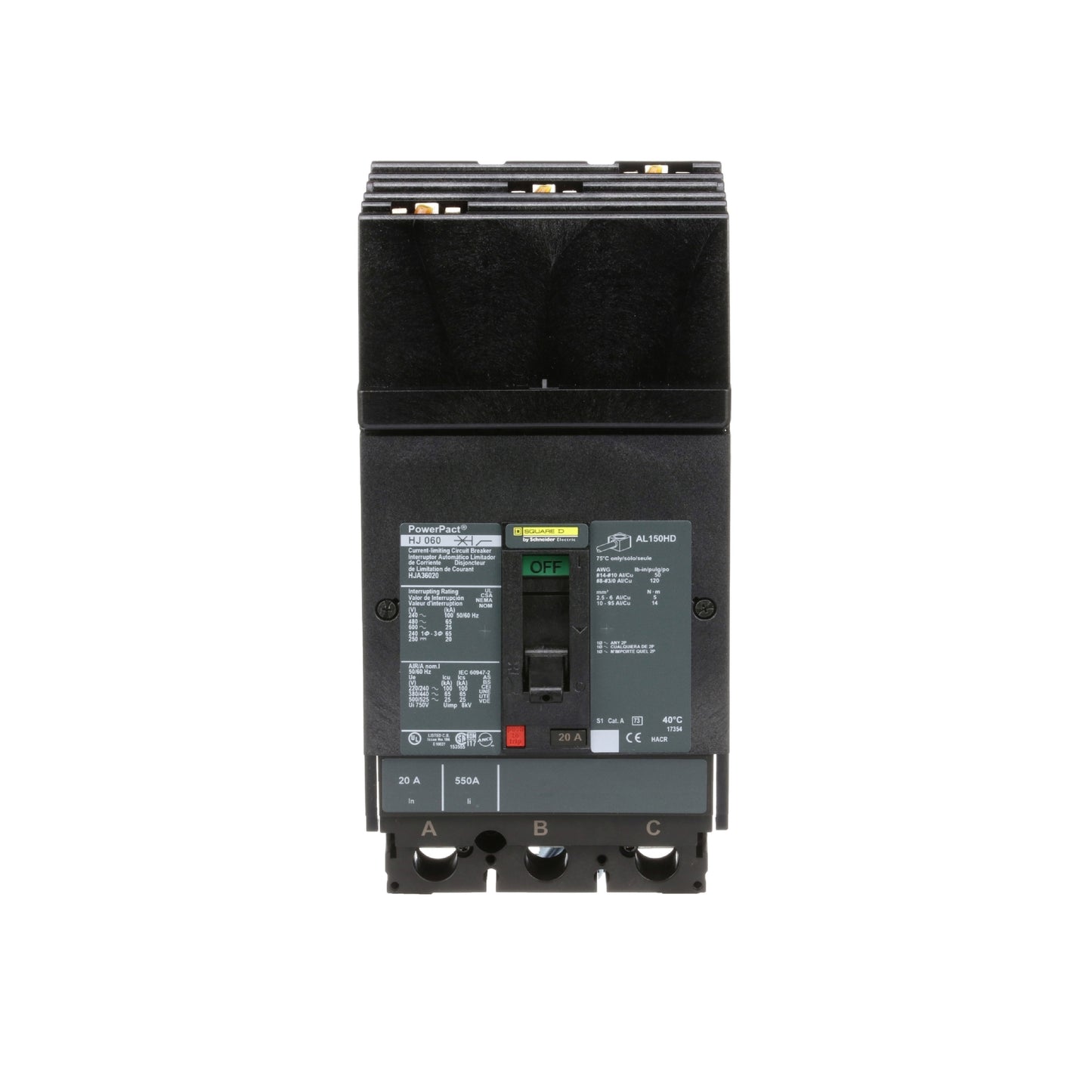 Interruptor termomagnético PowerPacT H, de 20A, 3 polos, 25kA a 600V, I-Line Schneider Electric HJA36020