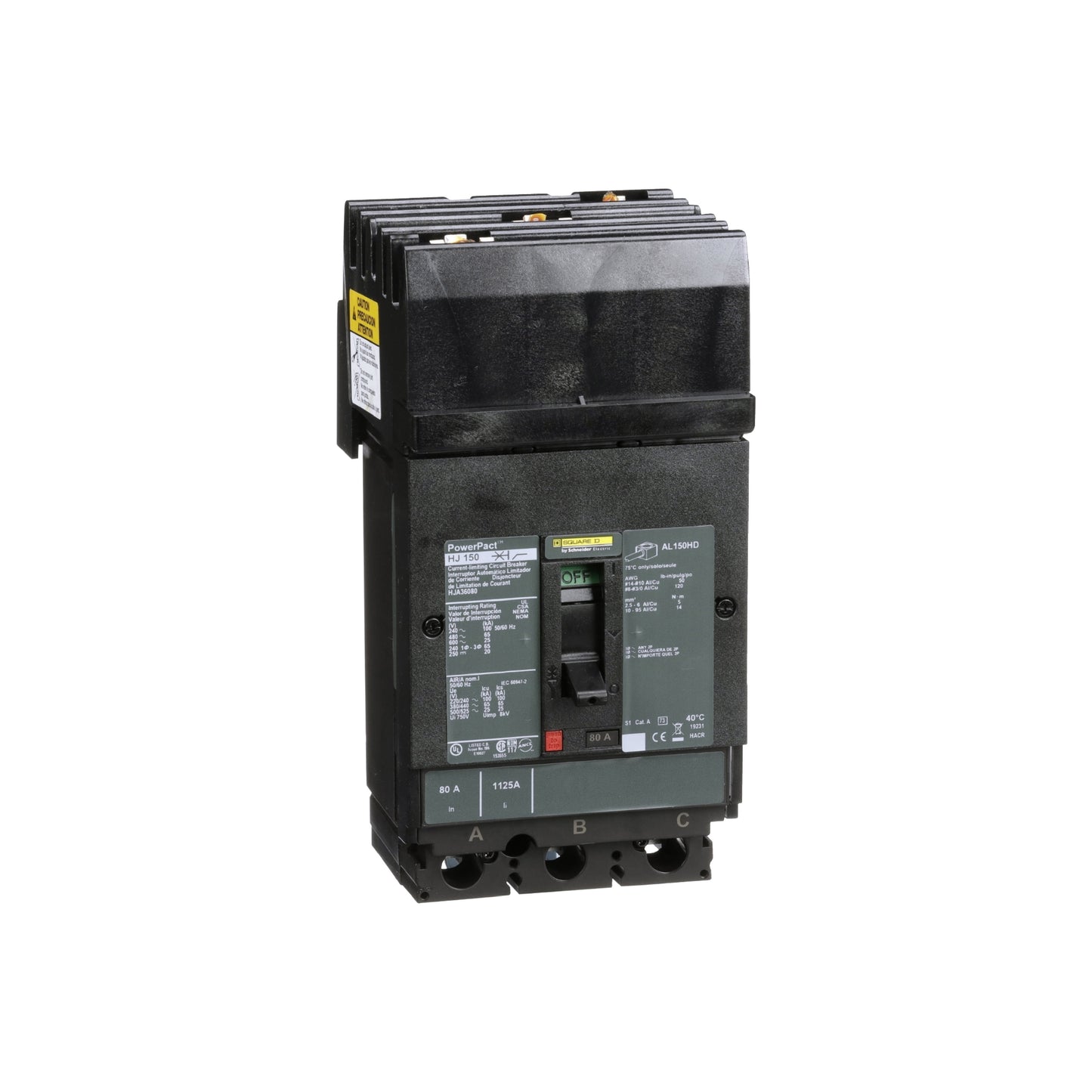 Interruptor termomagnético PowerPacT H, de 80A, 3 polos, 25kA a 600V, I-Line Schneider Electric HJA36080