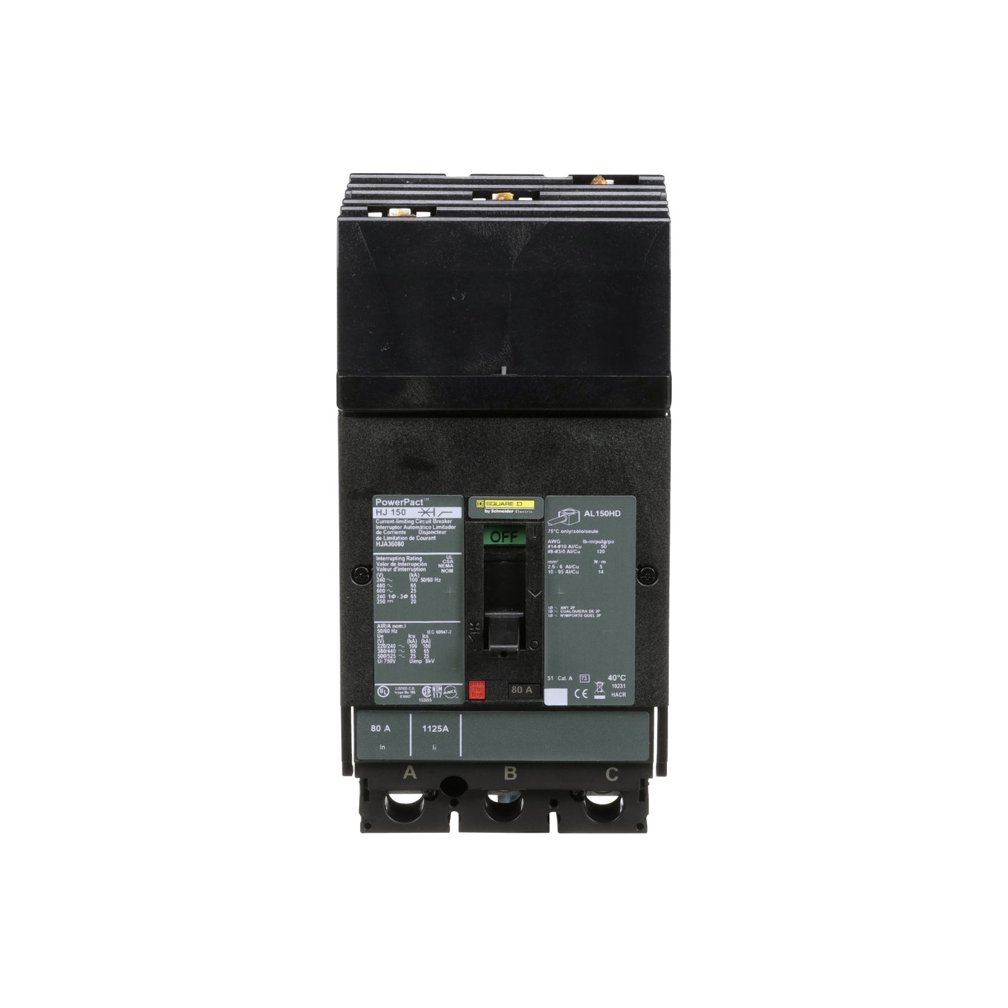 Interruptor termomagnético PowerPacT H, de 80A, 3 polos, 25kA a 600V, I-Line Schneider Electric HJA36080