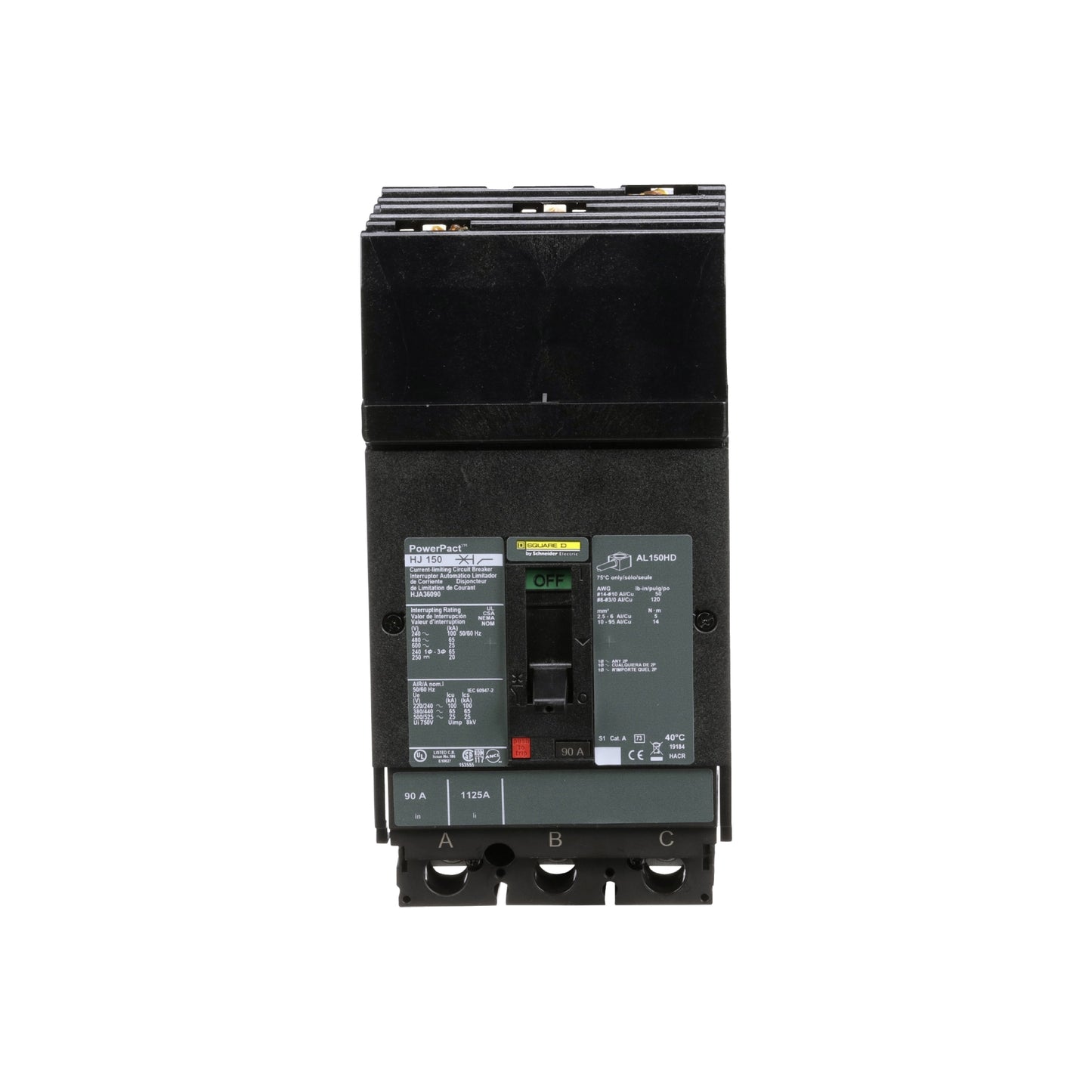 Interruptor termomagnético PowerPacT H, de 90A, 3 polos, 25kA a 600V, I-Line Schneider Electric HJA36090