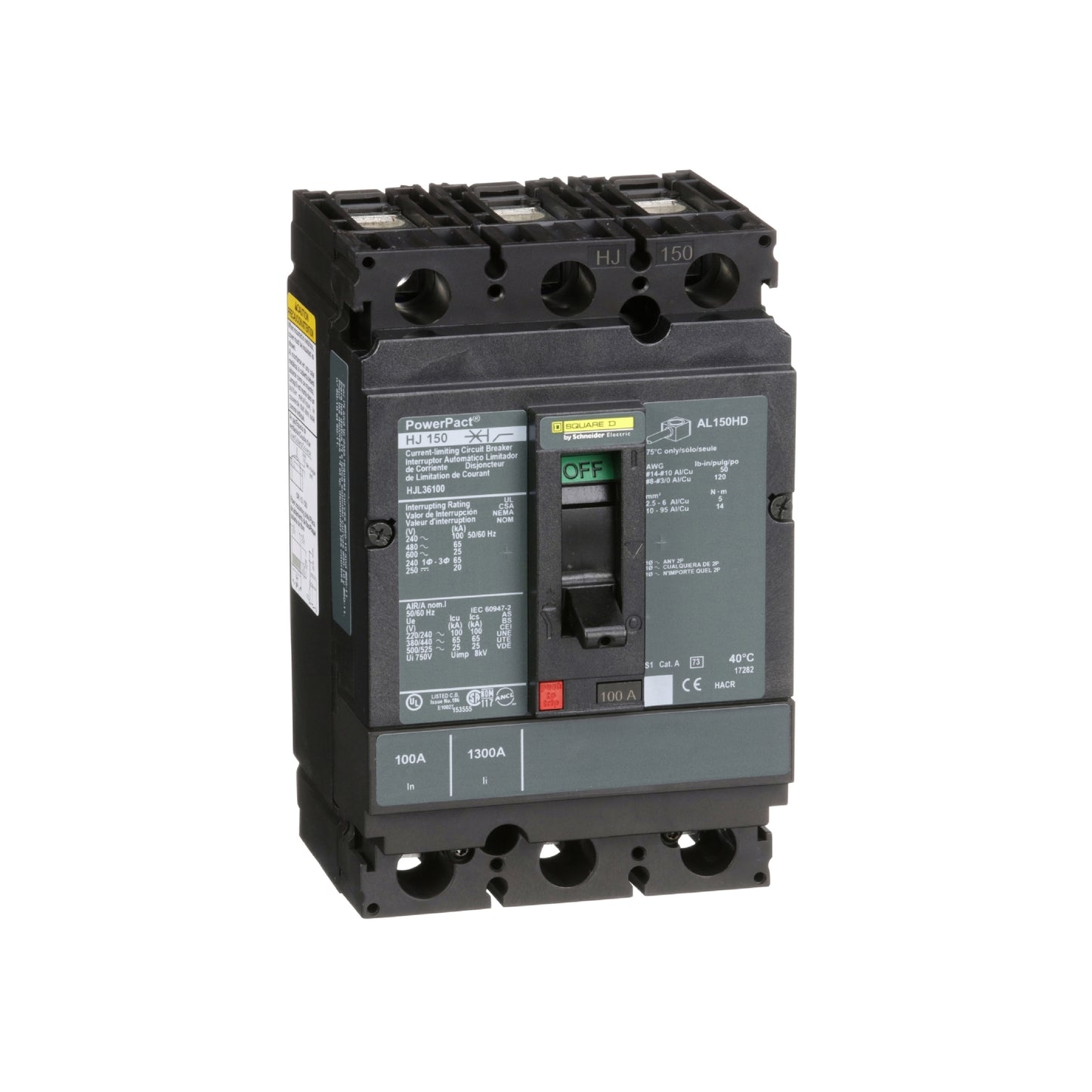 Interruptor termomagnético PowerPacT H, de 100A, 3 polos, 65kA a 600V, I-Line Schneider Electric HJL36100