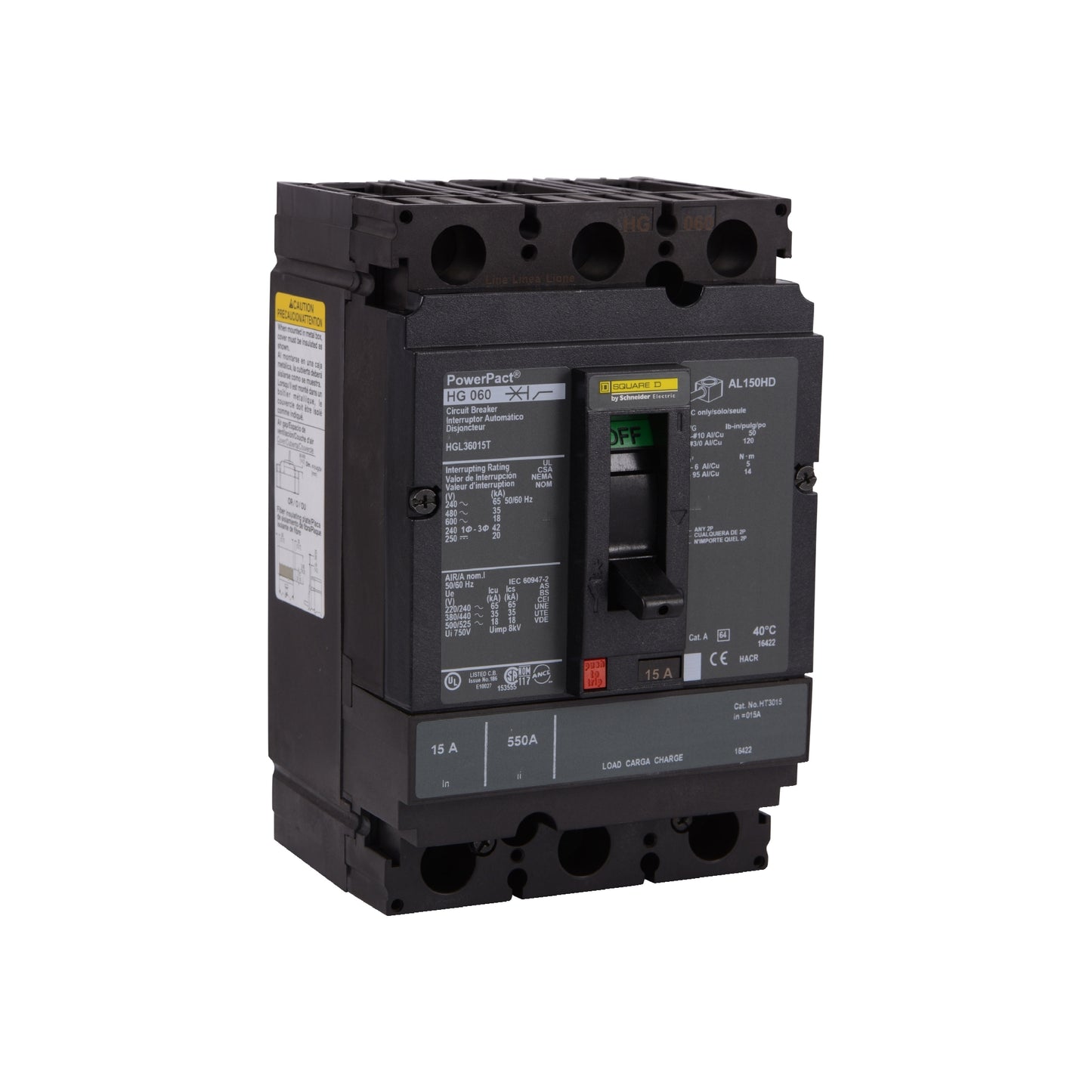 Interruptor termomagnético PowerPacT H, de 100A, 3 polos, 65kA a 600V, I-Line Schneider Electric HJL36100