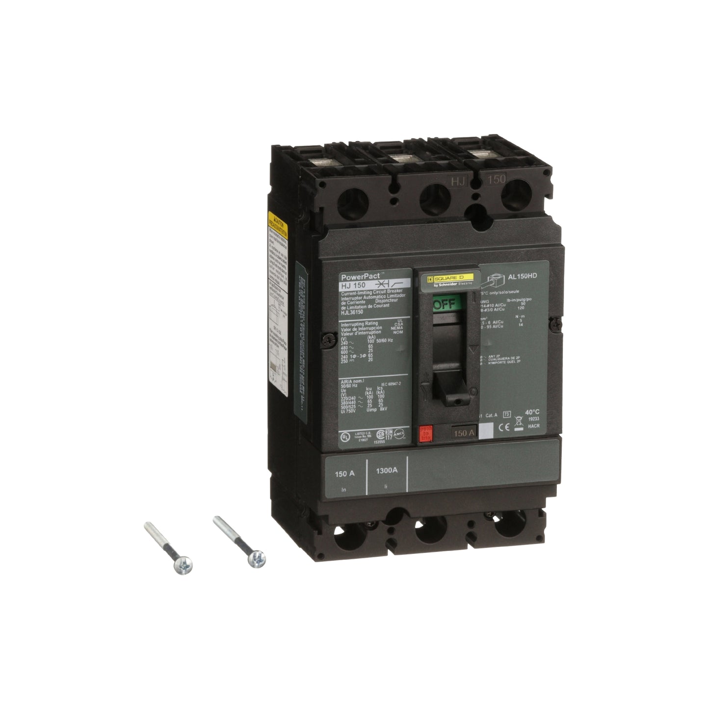 Interruptor termomagnético PowerPacT H, de 150A, 3 polos, 65kA a 600V, I-Line Schneider Electric HJL36150