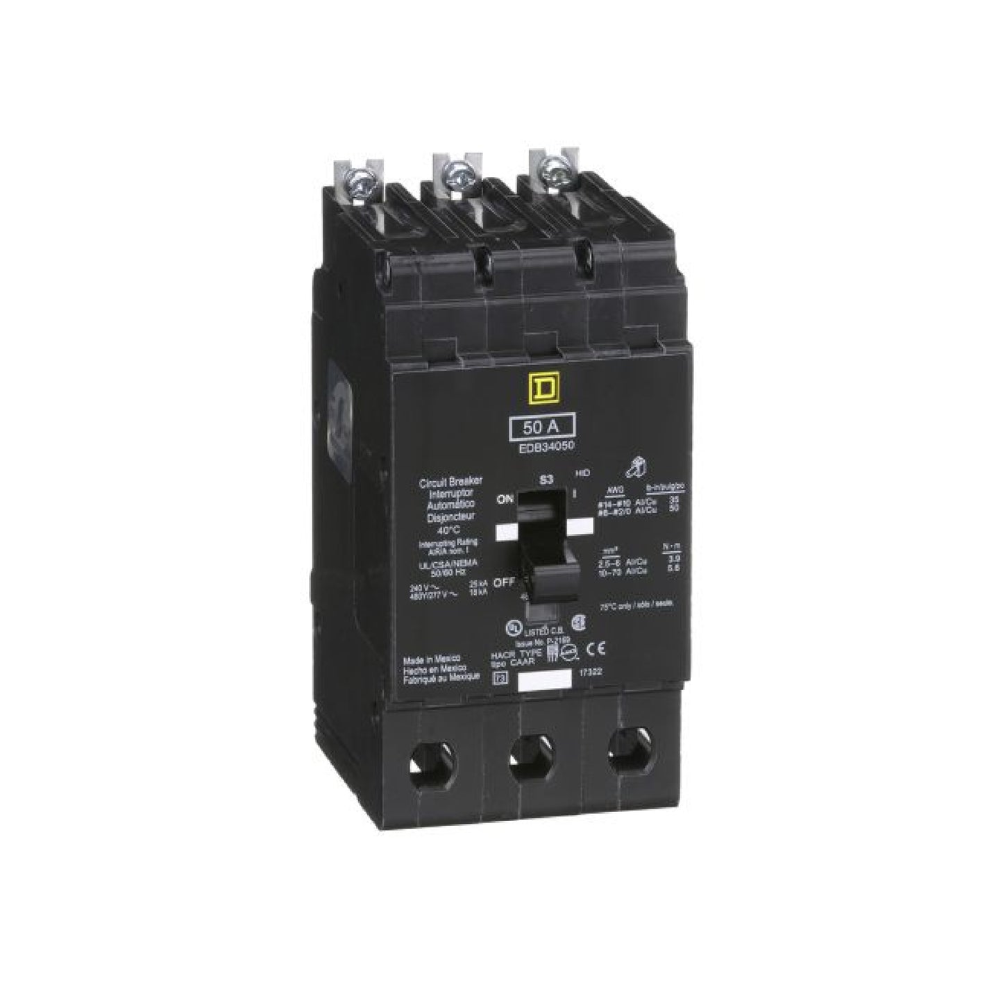Interruptor Atornillable Marco E 2P 50A 480Y/277 Vca 18/25kA Square D Schnieder Electric EDB34050