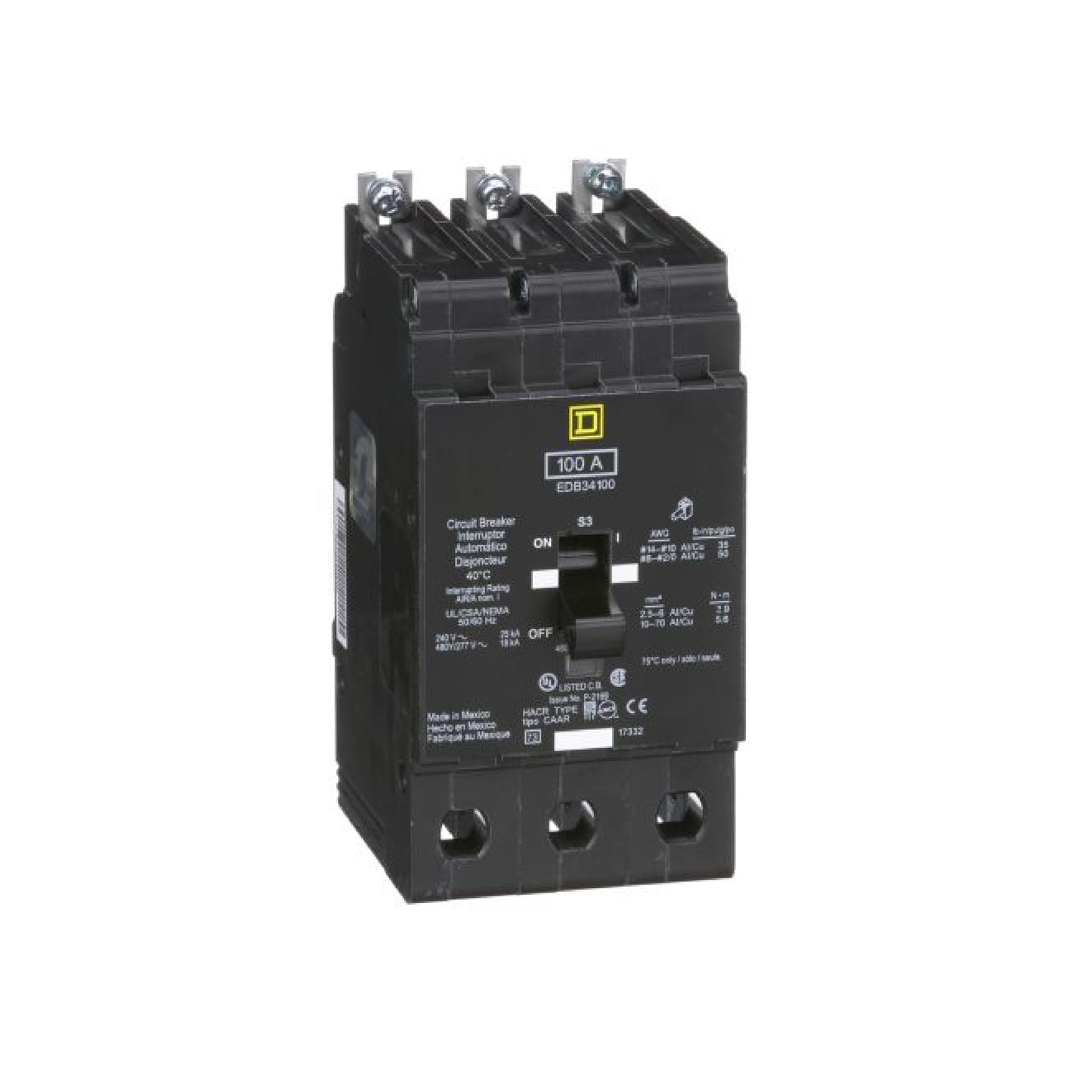 Interruptor Atornillable Marco E 3P 100A 480Y/277 Vca 18/25kA Square D Schnieder Electric EDB34100