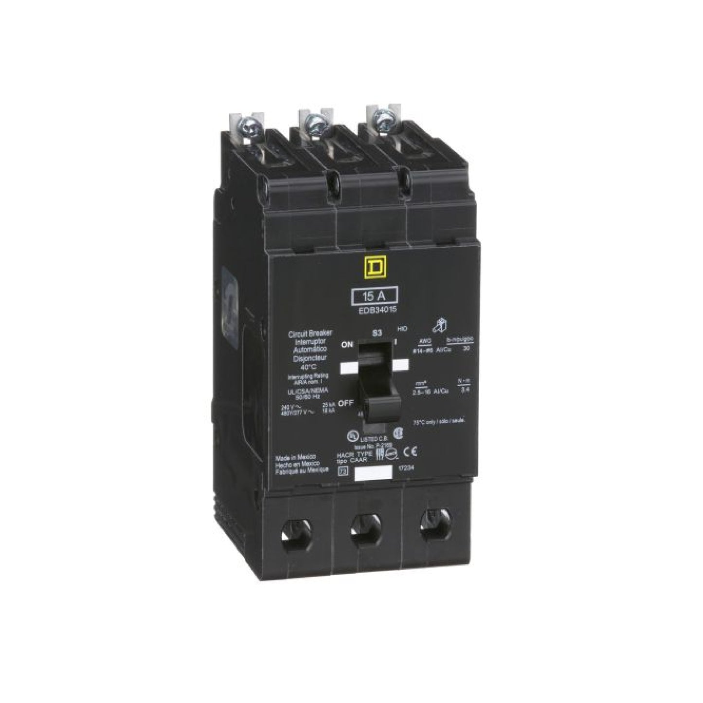 Interruptor Atornillable Marco E 3P 15A 480Y/277 Vca 18/25kA Square D Schnieder Electric EDB34015