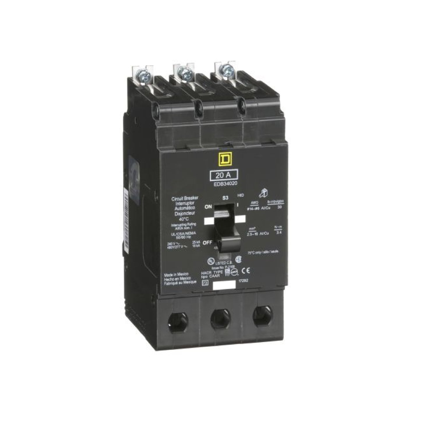Interruptor Atornillable Marco E 3P 20A 480Y/277 Vca 18/25kA Square D Schnieder Electric EDB34020