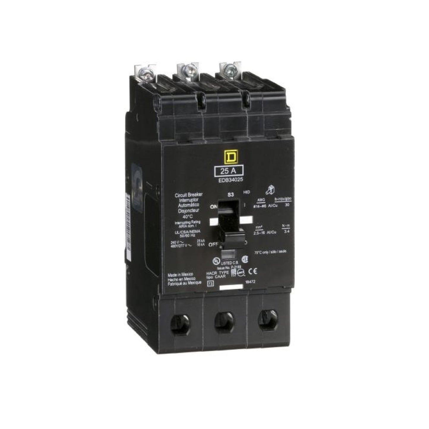 Interruptor Atornillable Marco E 3P 25A 480Y/277 Vca 18/25kA Square D Schnieder Electric EDB34025