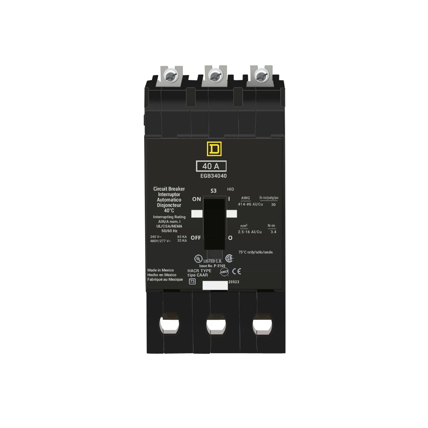 Interruptor Atornillable Marco E 3P 40A a 480/277 Vca 35/65kA Square D Schnieder Electric EGB34040