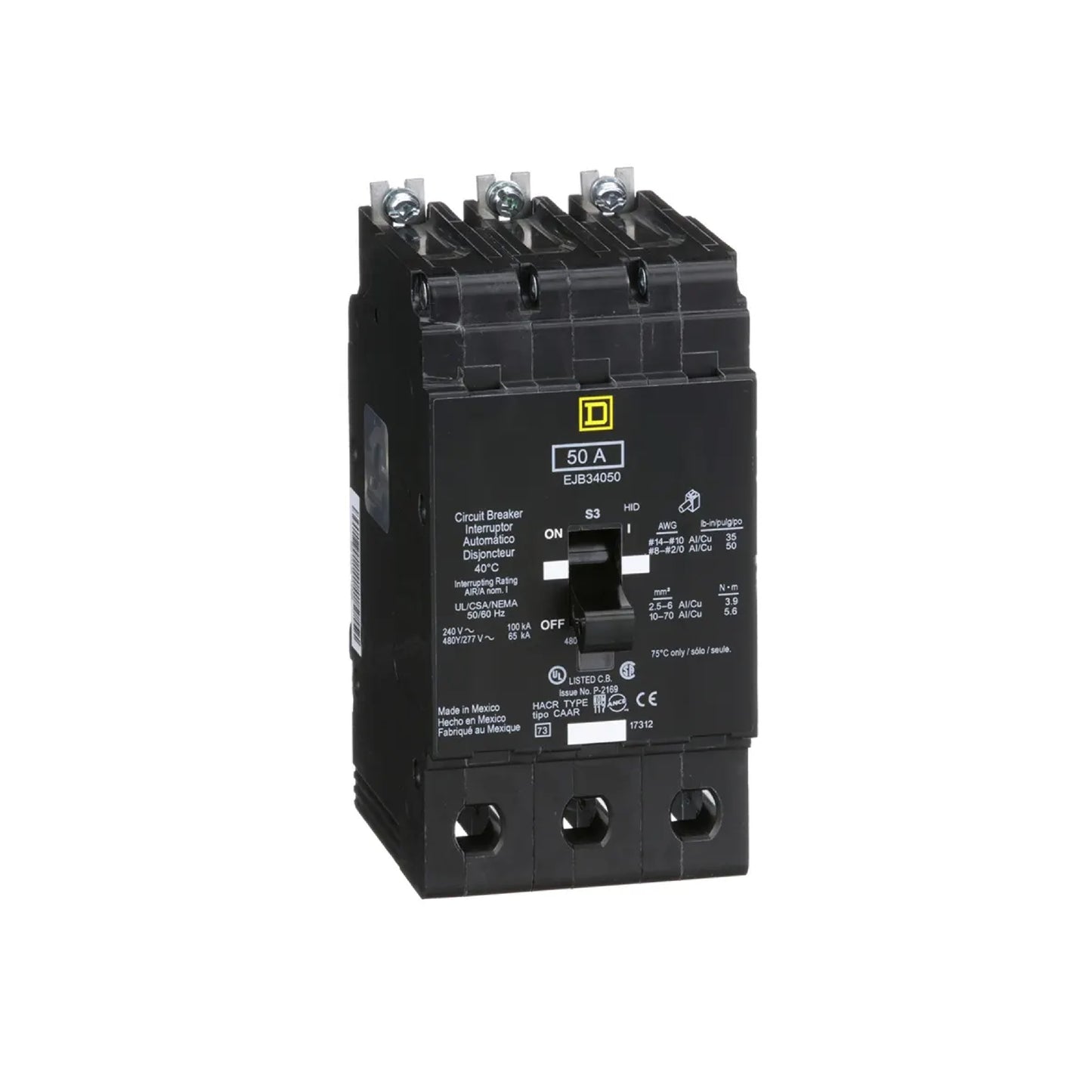 Interruptor Atornillable Marco E 3P 50A a 480/277 Vca 65/100kA Square D Schnieder Electric EJB34050