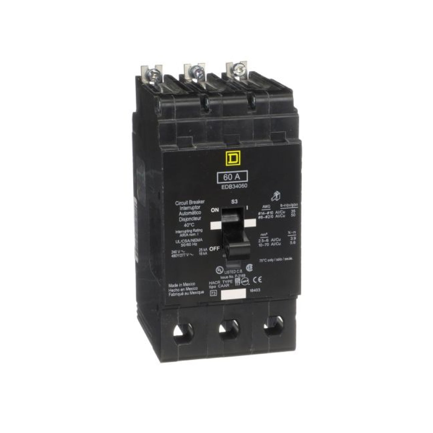 Interruptor Atornillable Marco E 3P 60A 480Y/277 Vca 18/25kA Square D Schnieder Electric EDB34060