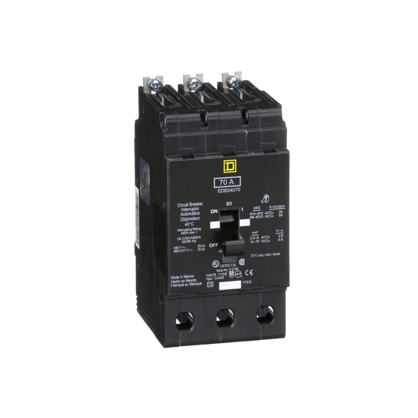 Interruptor Atornillable Marco E 3P 70A 480Y/277 Vca 18/25kA Square D Schnieder Electric EDB34070