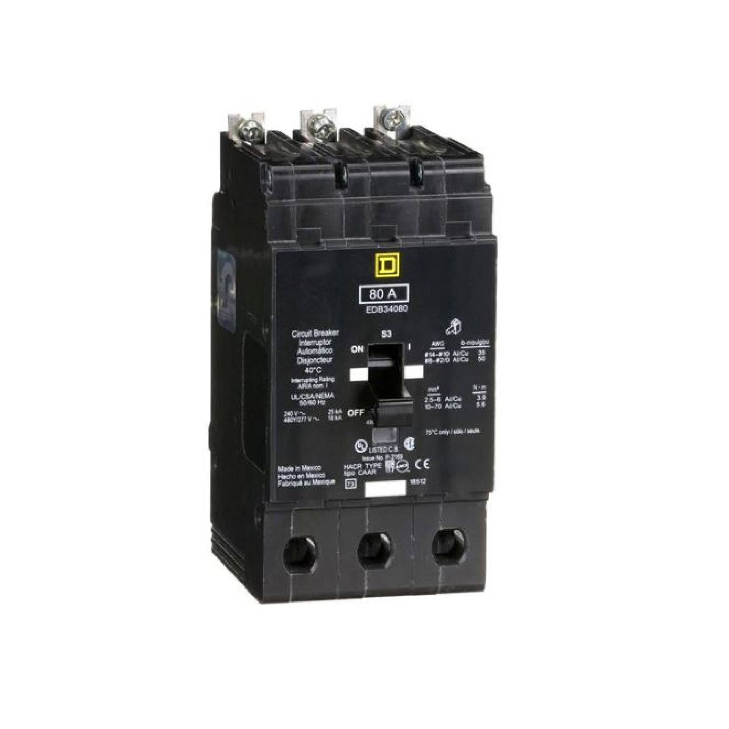 Interruptor Atornillable Marco E 3P 80A 480Y/277 Vca 18/25kA Square D Schnieder Electric EDB34080