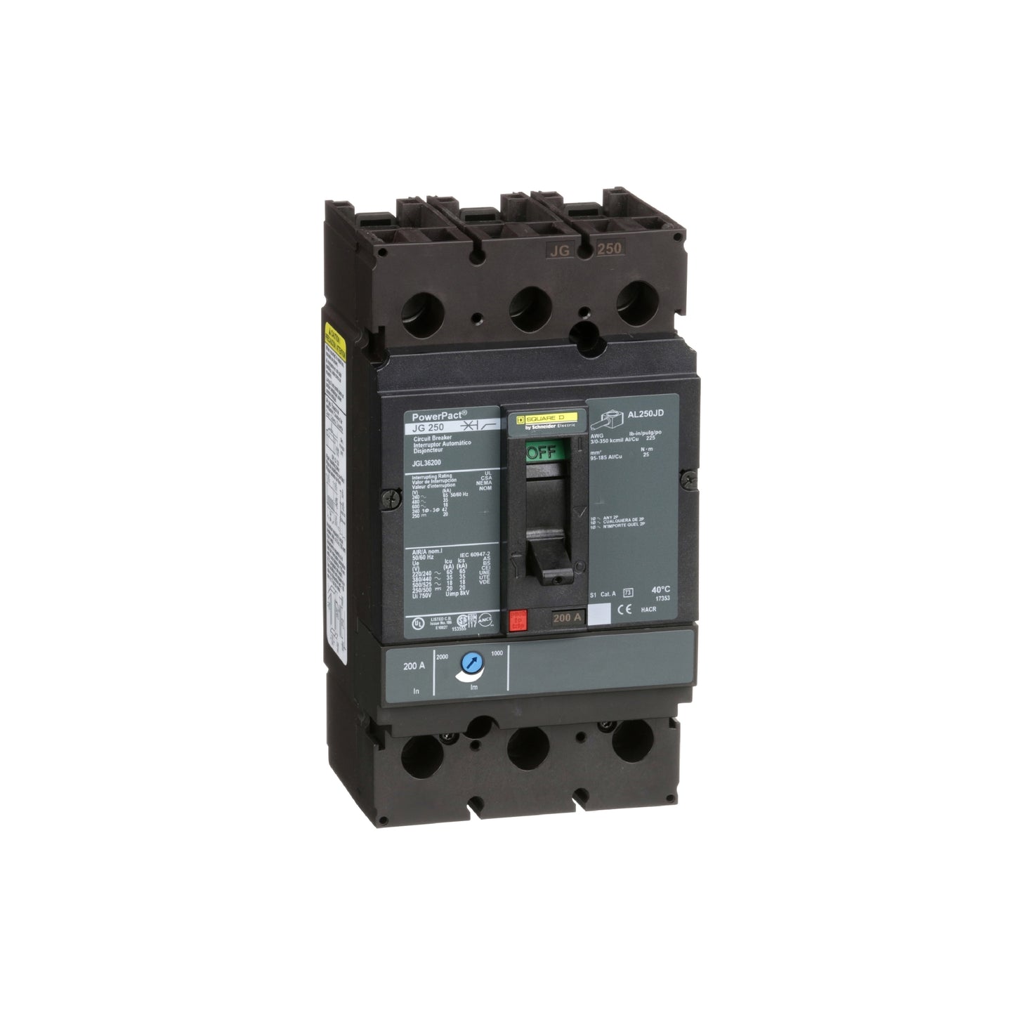 Interruptor Termomagnético Powerpact J, de 200A, 3 Polos, 35 kA a 600V, Zapatas Schneider Electric JGL36200