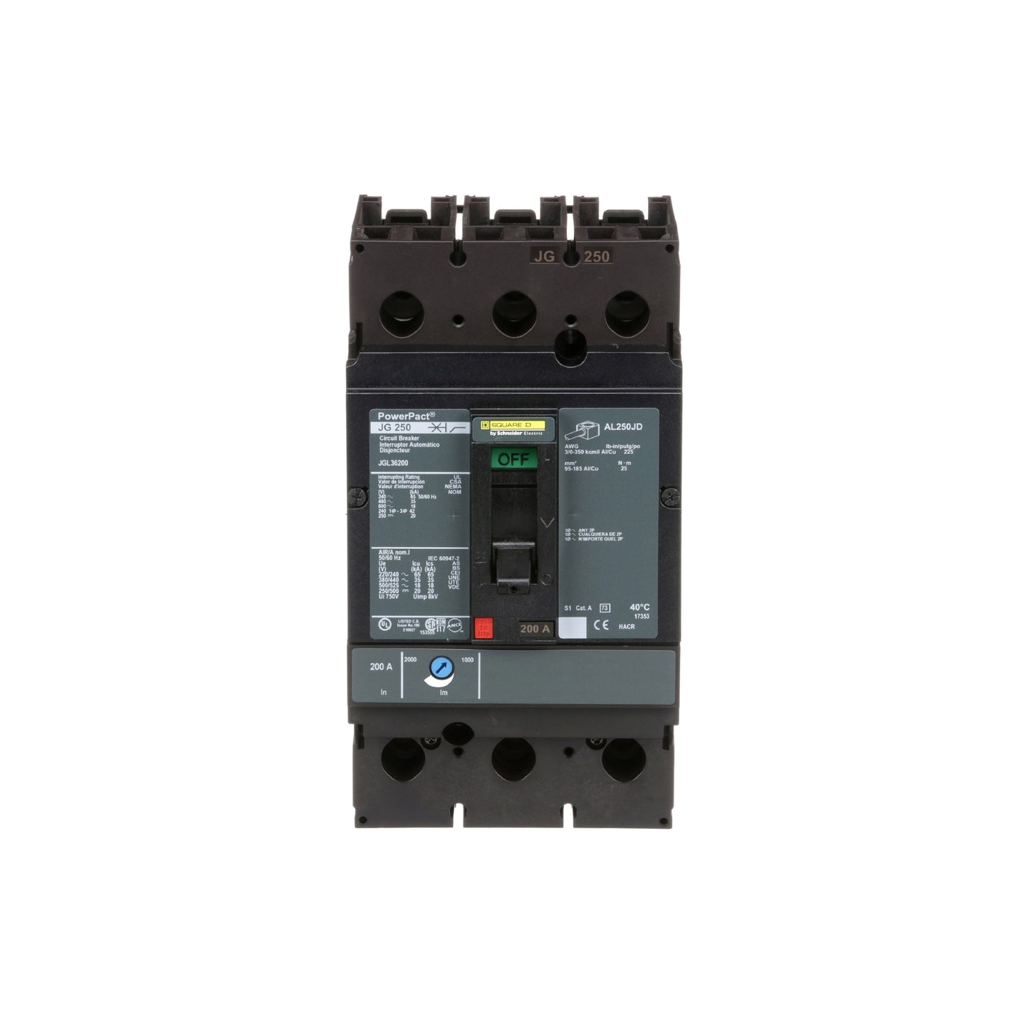 Interruptor Termomagnético Powerpact J, de 200A, 3 Polos, 35 kA a 600V, Zapatas Schneider Electric JGL36200