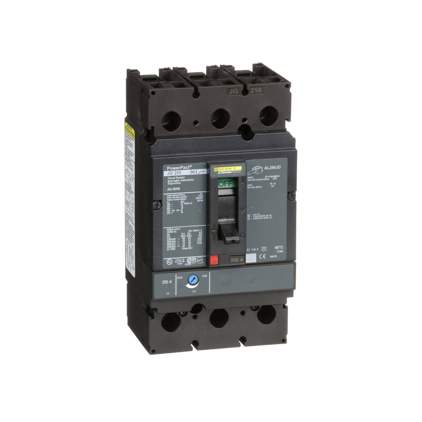 Interruptor Termomagnético Powerpact J, de 250A, 3 Polos, 18 kA a 600V, Zapatas Schneider Electric JGL36250